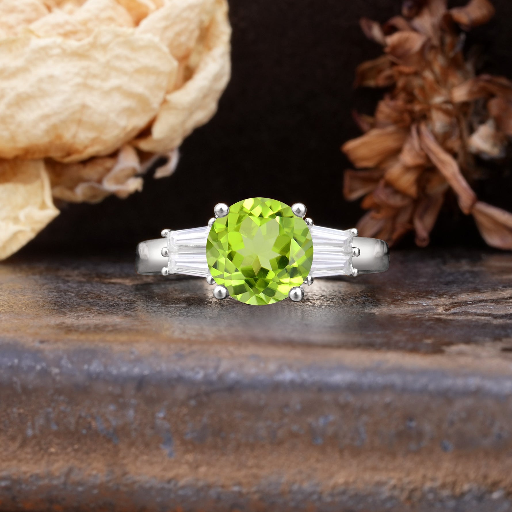Classic Unique 4-Prong Round Cut Peridot Three Stones Wedding Ring - Additional view