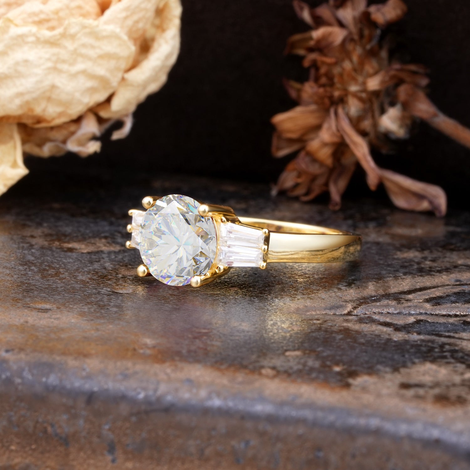 Classic Unique 4-Prong Round Cut Moissanite Three Stones Wedding Ring - Additional view