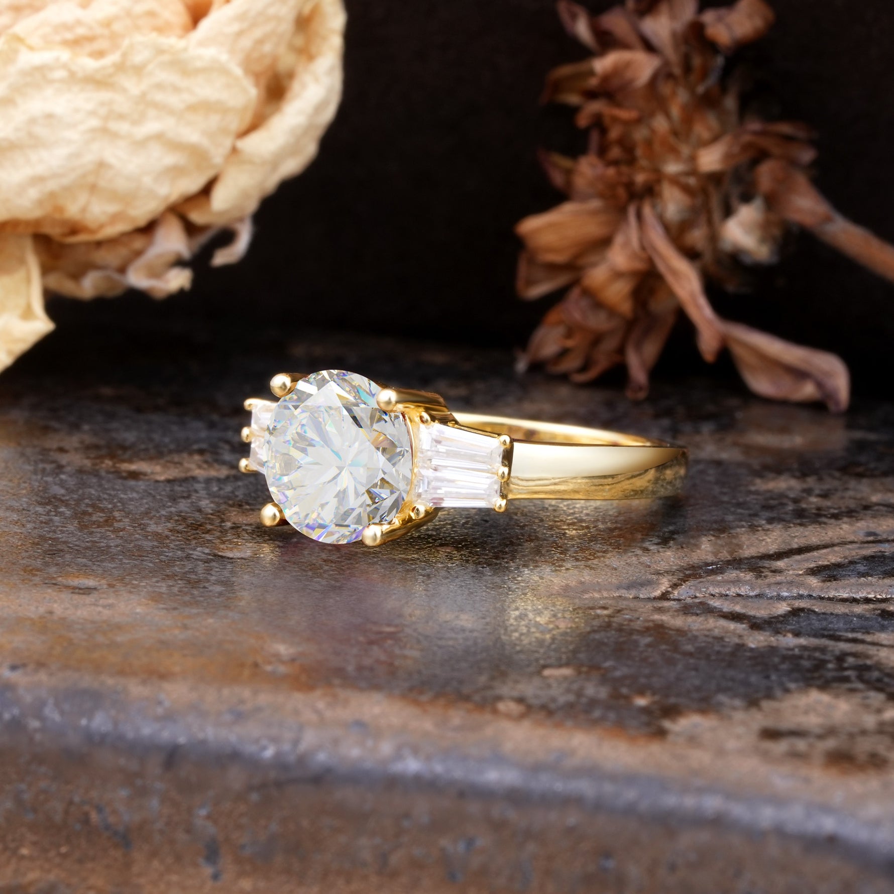 Classic Unique 4-Prong Round Cut Moissanite Three Stones Wedding Ring - Additional view