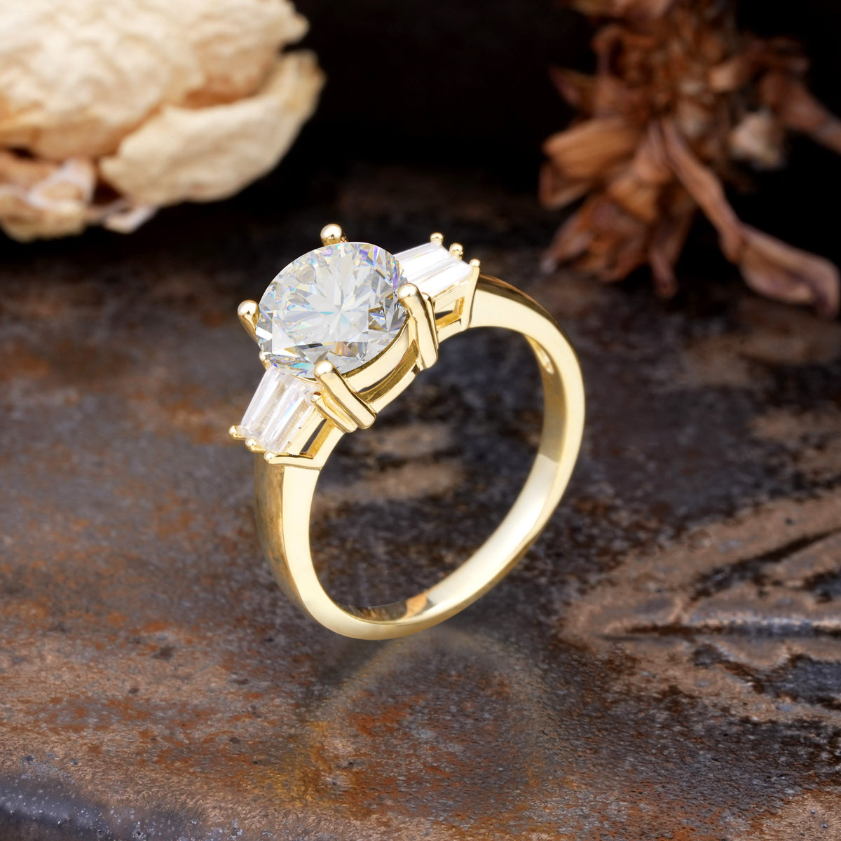 Classic Unique 4-Prong Round Cut Moissanite Three Stones Wedding Ring - Additional view