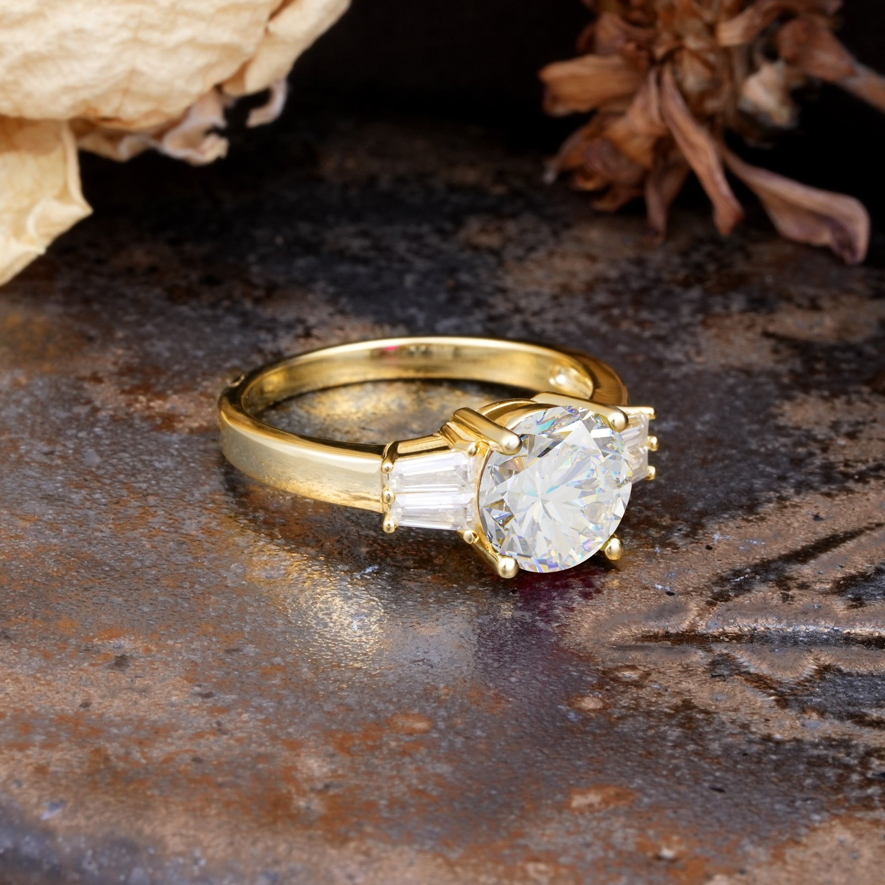 Classic Unique 4-Prong Round Cut Moissanite Three Stones Wedding Ring - Additional view