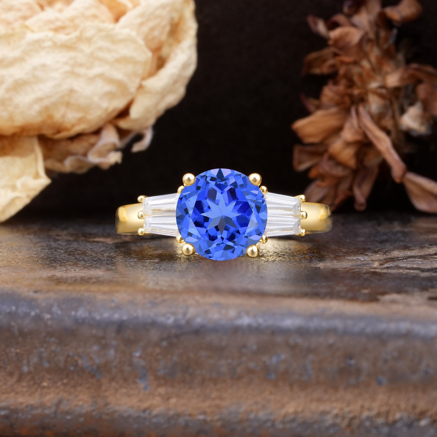 Classic Unique 4-Prong Round Cut Sapphire Three Stones Wedding Ring - Additional view