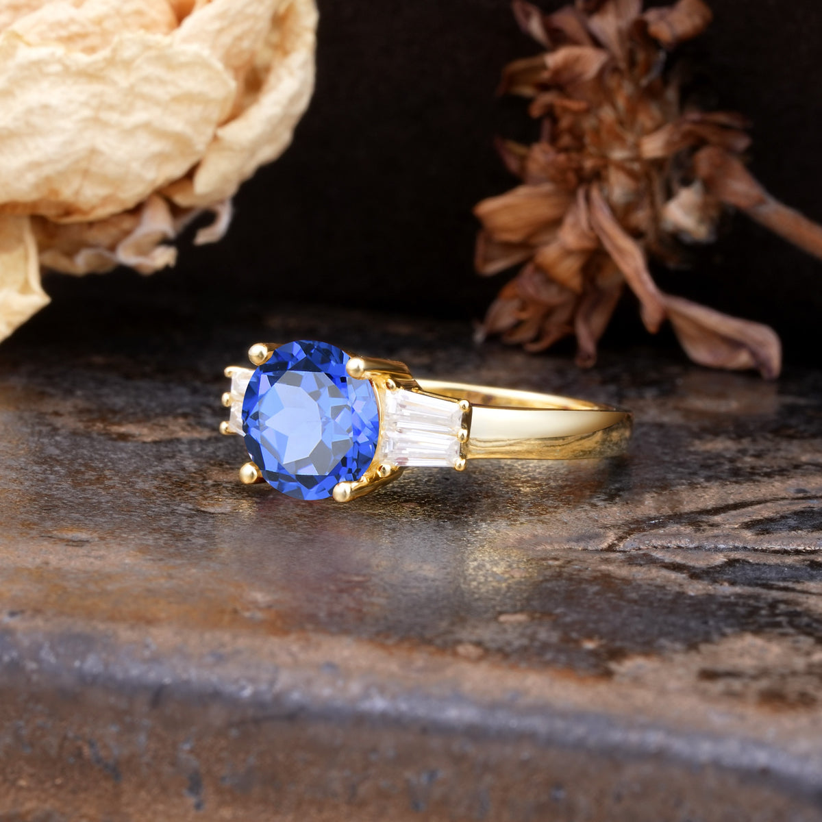 Classic Unique 4-Prong Round Cut Sapphire Three Stones Wedding Ring - Additional view