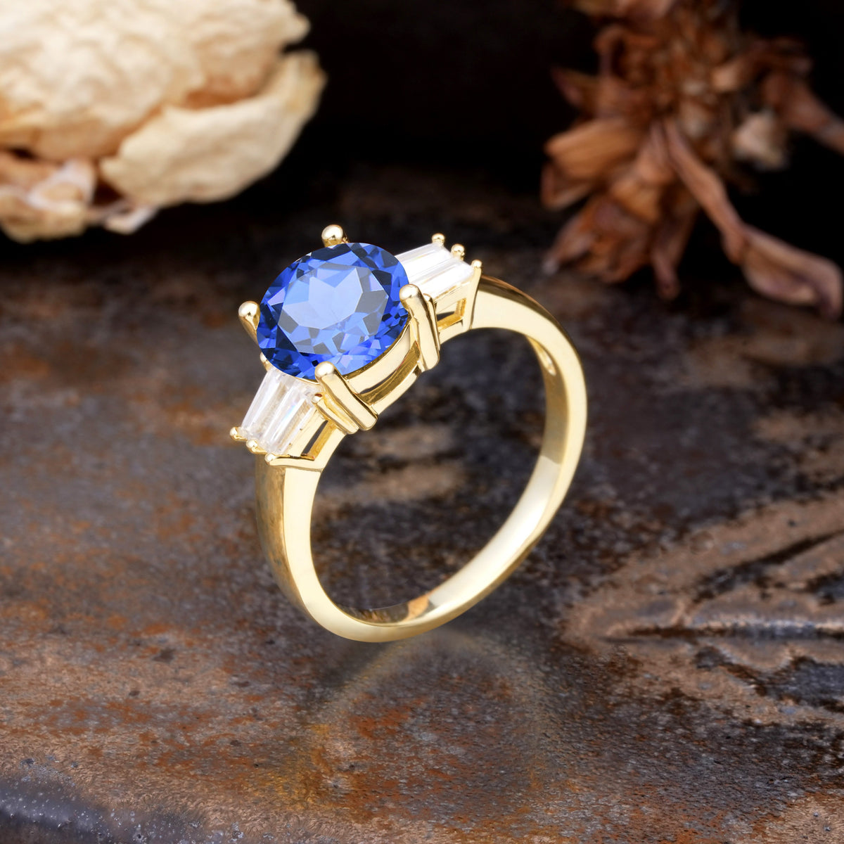 Classic Unique 4-Prong Round Cut Sapphire Three Stones Wedding Ring - Additional view