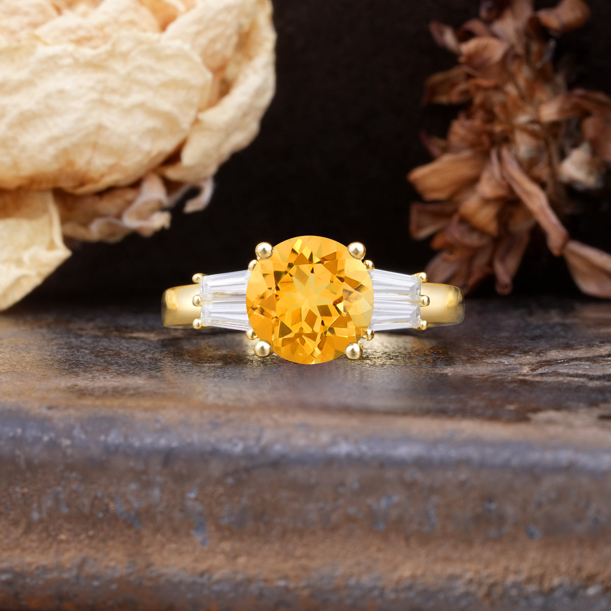 Classic Unique 4-Prong Round Cut Citrine Three Stones Wedding Ring