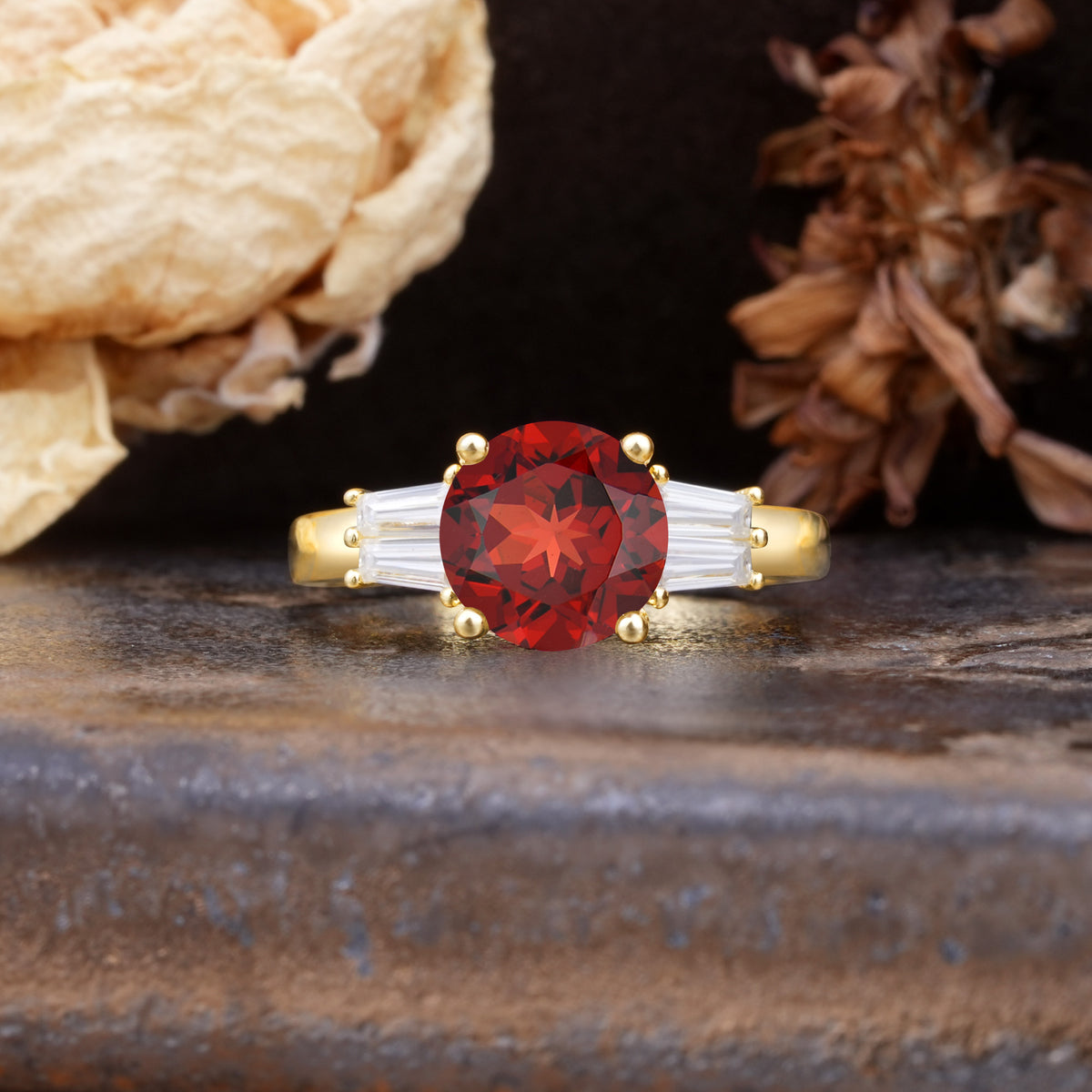 Classic Unique 4-Prong Round Cut Garnet Three Stones Wedding Ring