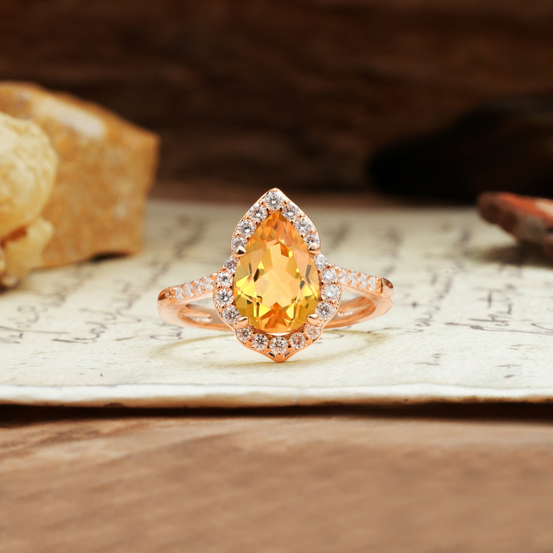Unique, Luxurious, and Vintage 4-Prong Pear Cut Citrine Engagement Ring - Additional view