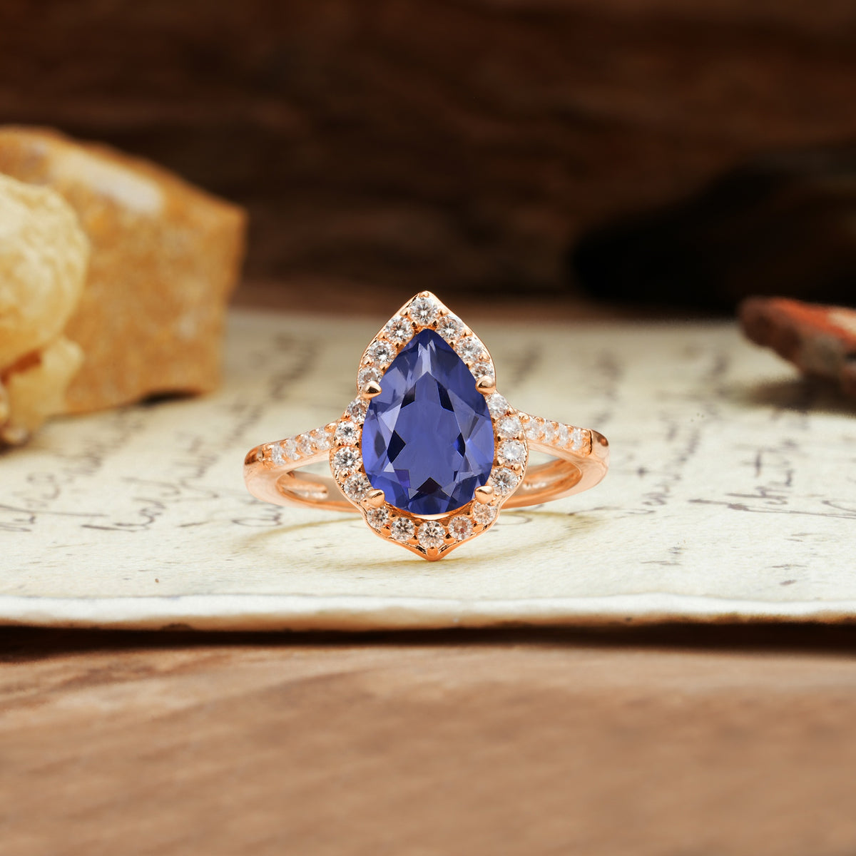 Unique, Luxurious, and Vintage 4-Prong Pear Cut Tanzanite Engagement Ring - Additional view
