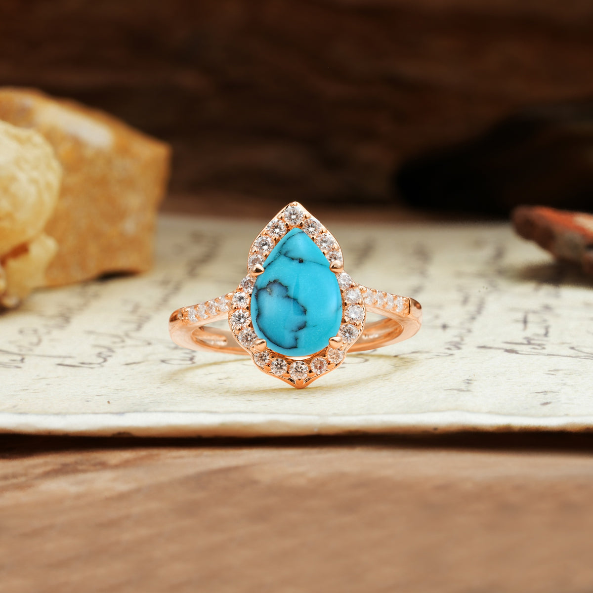 Unique, Luxurious, and Vintage 4-Prong Pear Cut Turquoise Engagement Ring - Additional view