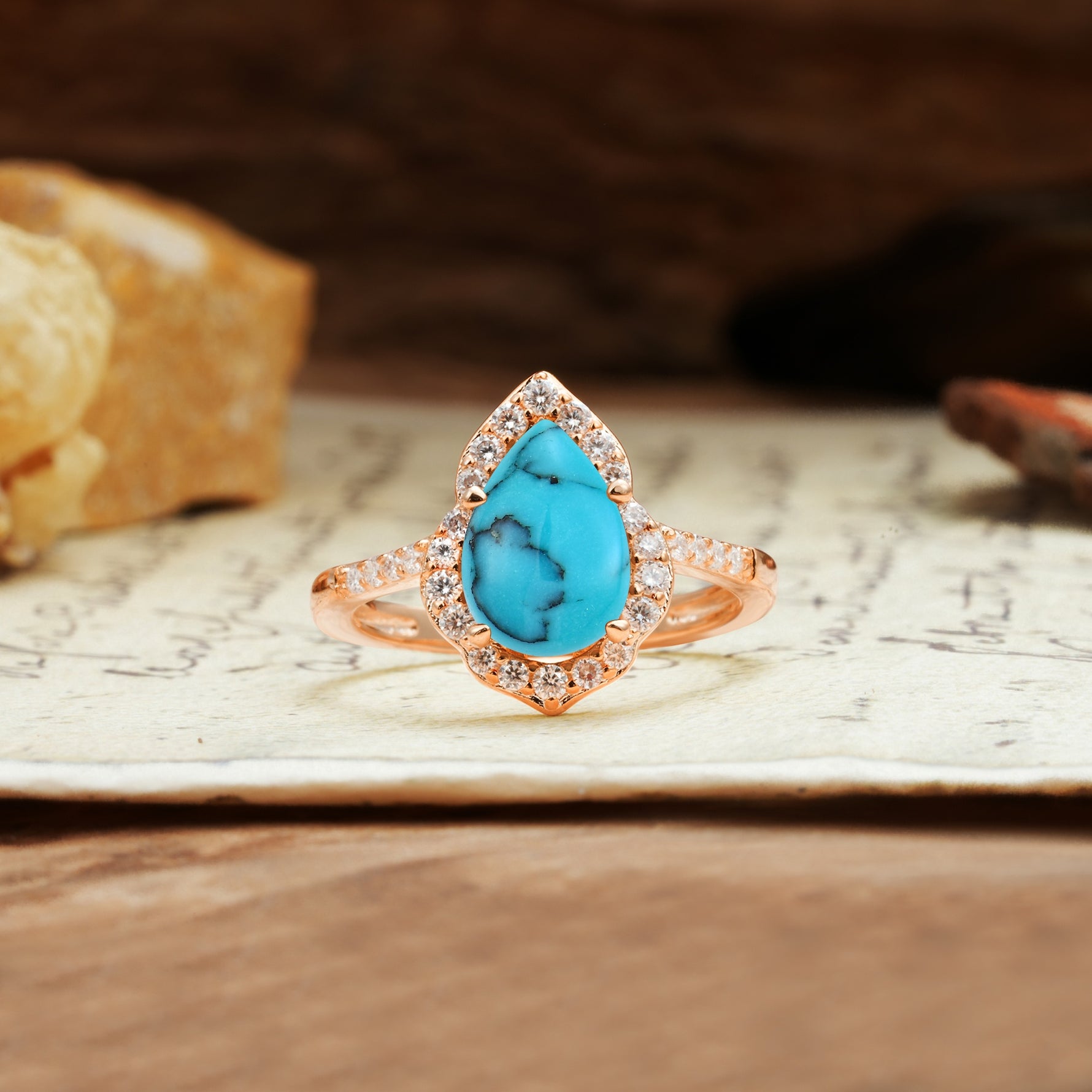 Unique, Luxurious, and Vintage 4-Prong Pear Cut Turquoise Engagement Ring - Additional view