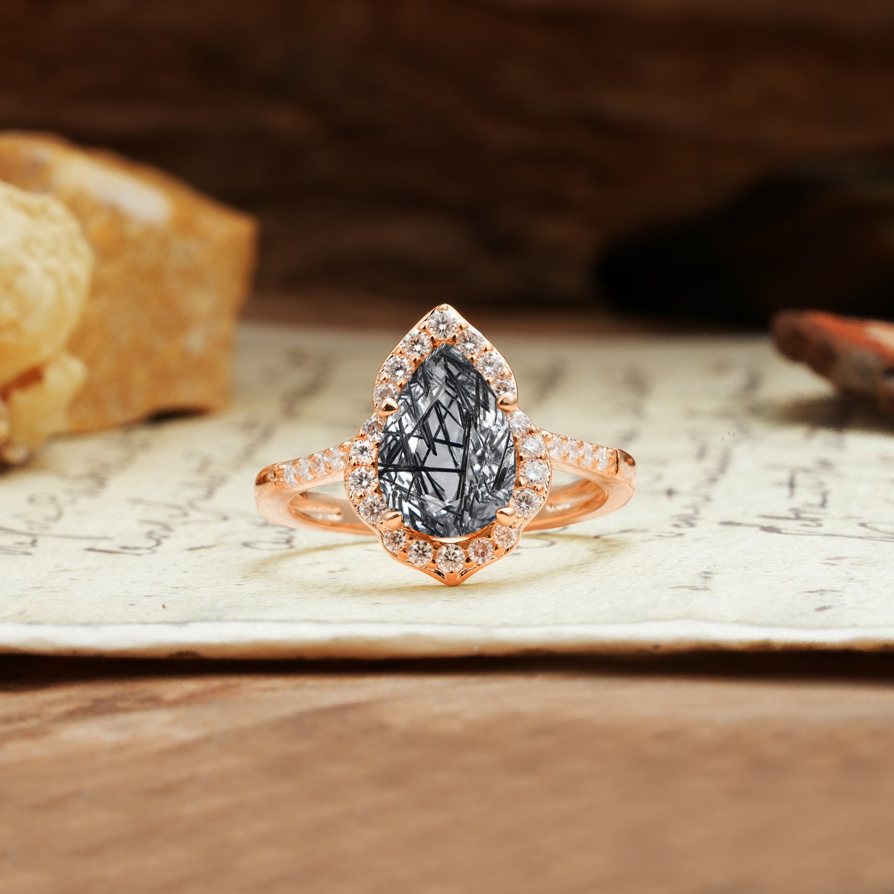 Unique, Luxurious, and Vintage 4-Prong Pear Cut Black Rutilated Quartz Engagement Ring - Additional view