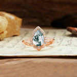 Unique, Luxurious, and Vintage 4-Prong Pear Cut Moss Agate Engagement Ring - Additional view
