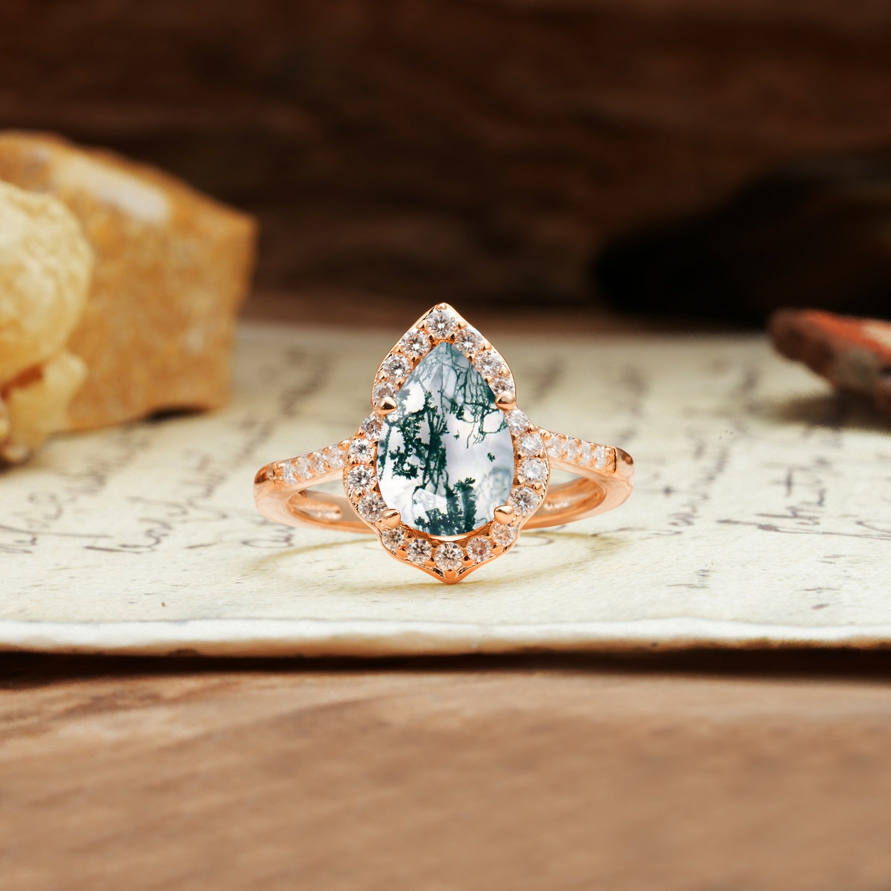 Unique, Luxurious, and Vintage 4-Prong Pear Cut Moss Agate Engagement Ring - Additional view
