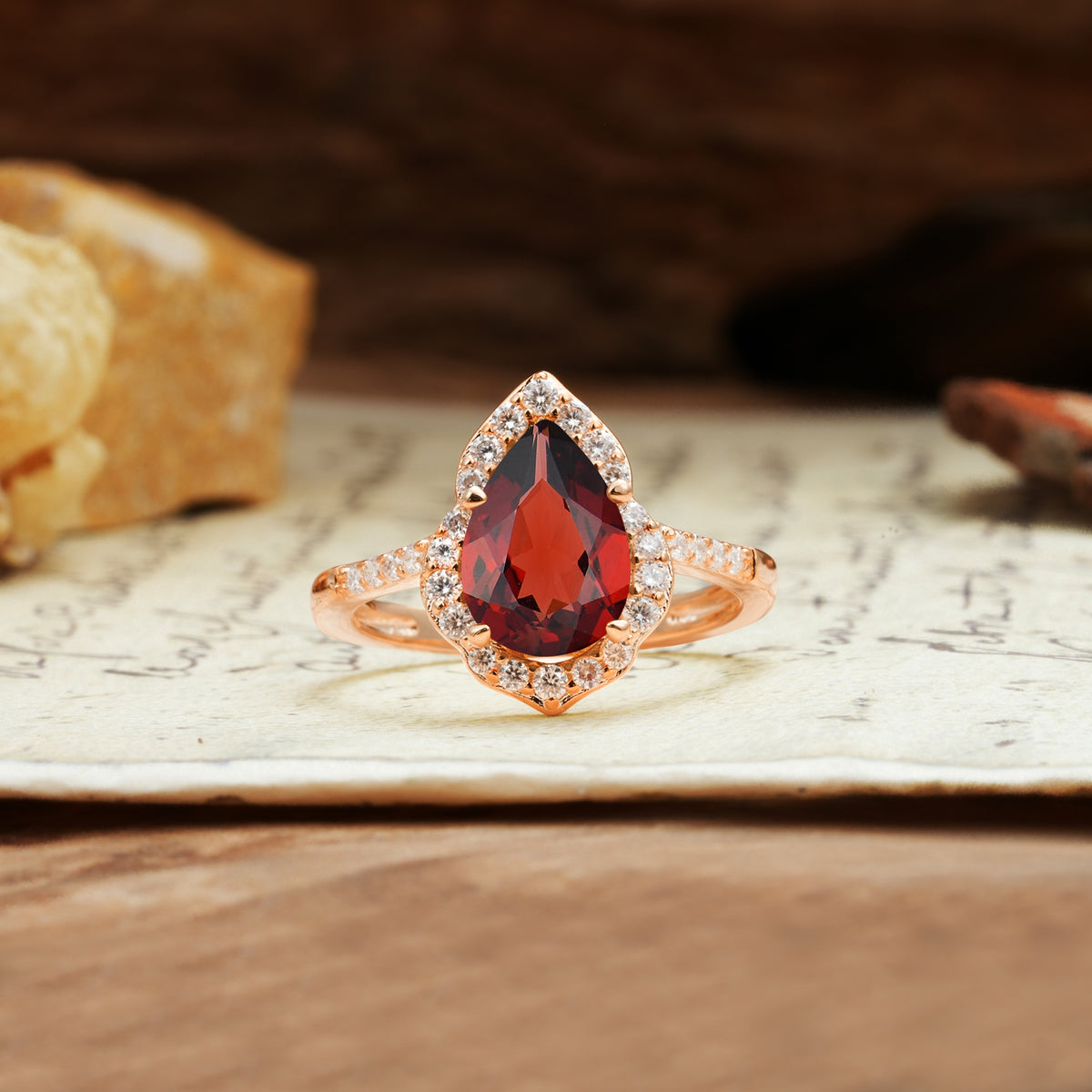 Unique, Luxurious, and Vintage 4-Prong Pear Cut Garnet Engagement Ring - Additional view