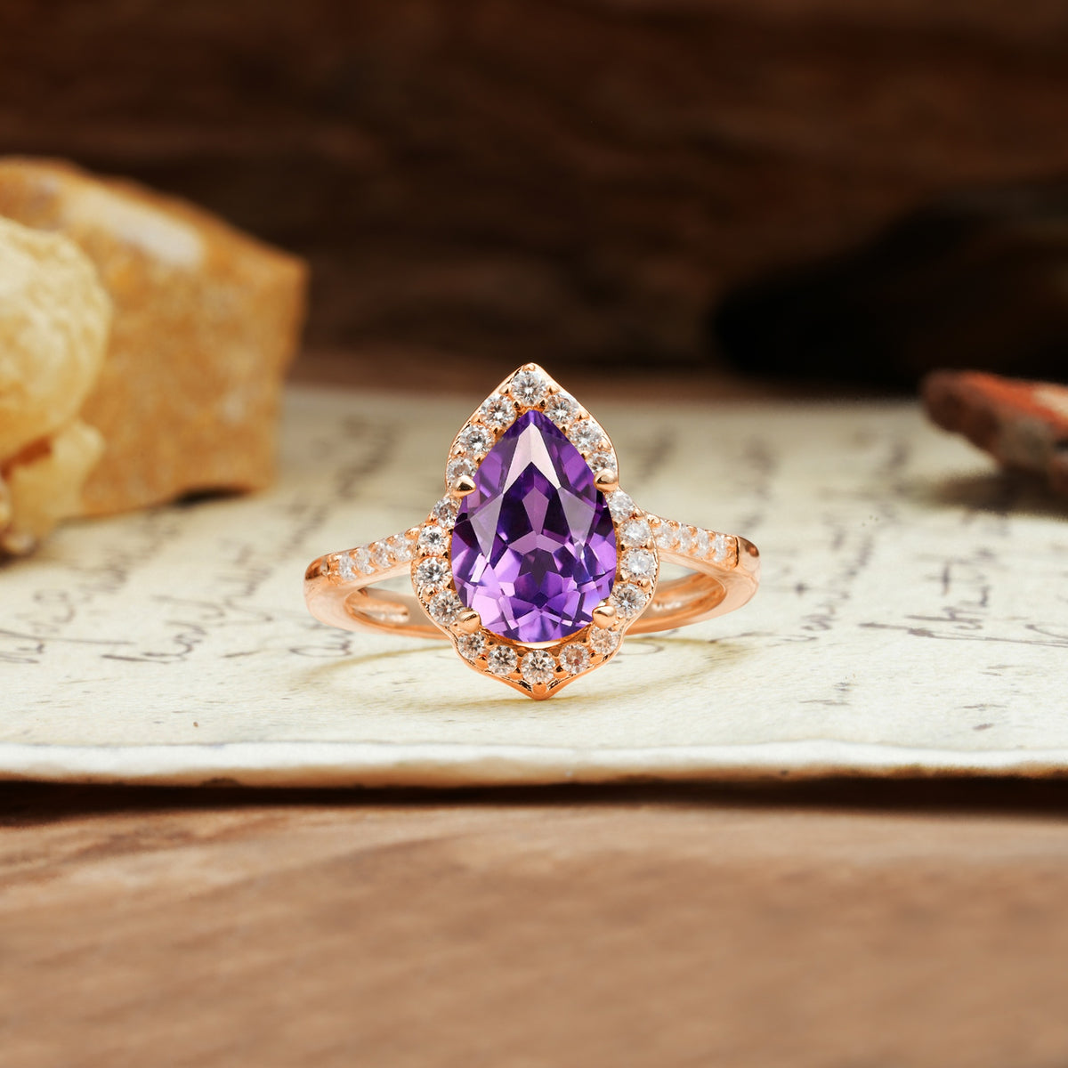 Unique, Luxurious, and Vintage 4-Prong Pear Cut Amethyst Engagement Ring - Additional view