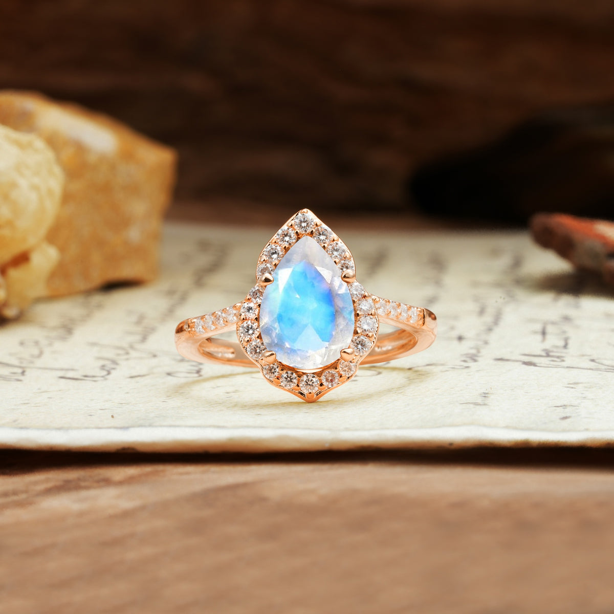 Unique, Luxurious, and Vintage 4-Prong Pear Cut Moonstone Engagement Ring - Additional view