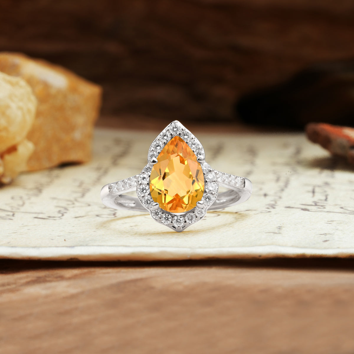 Unique, Luxurious, and Vintage 4-Prong Pear Cut Citrine Engagement Ring - Additional view