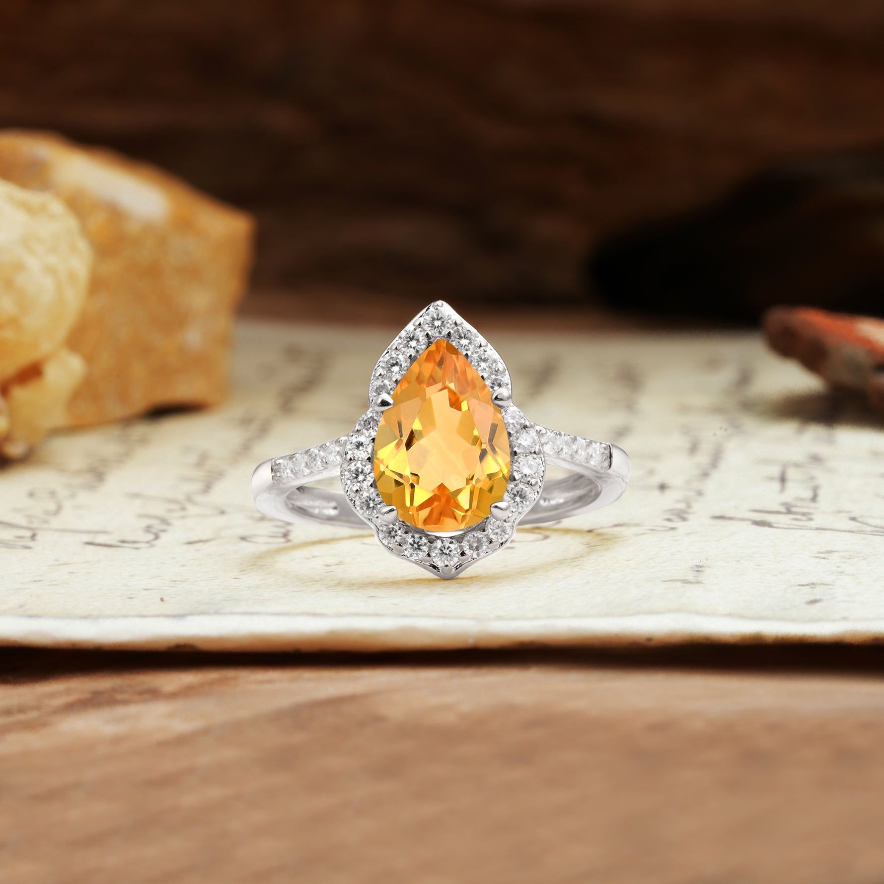 Unique, Luxurious, and Vintage 4-Prong Pear Cut Citrine Engagement Ring - Additional view