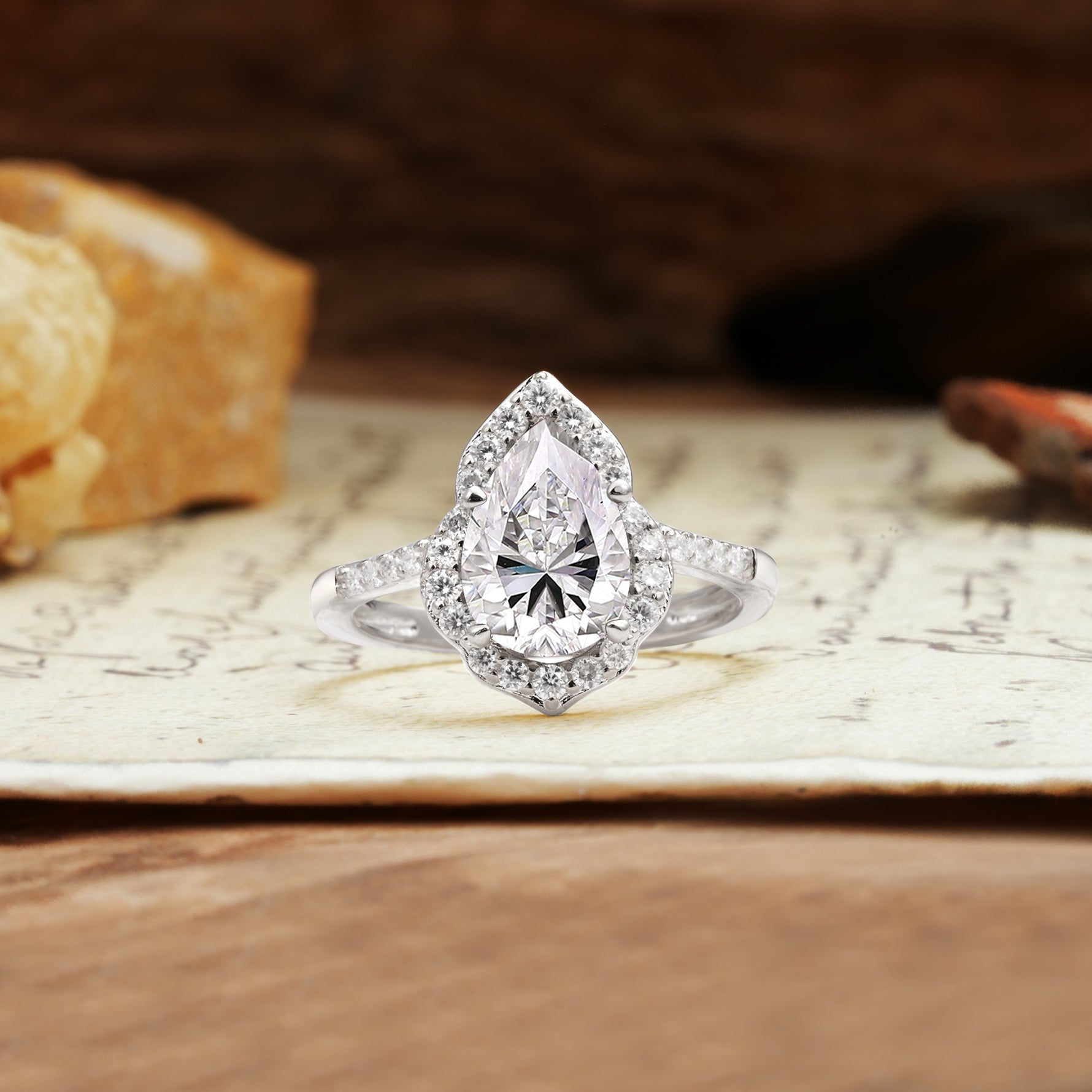 Unique, Luxurious, and Vintage 4-Prong Pear Cut Lab Diamond Engagement Ring - Additional view