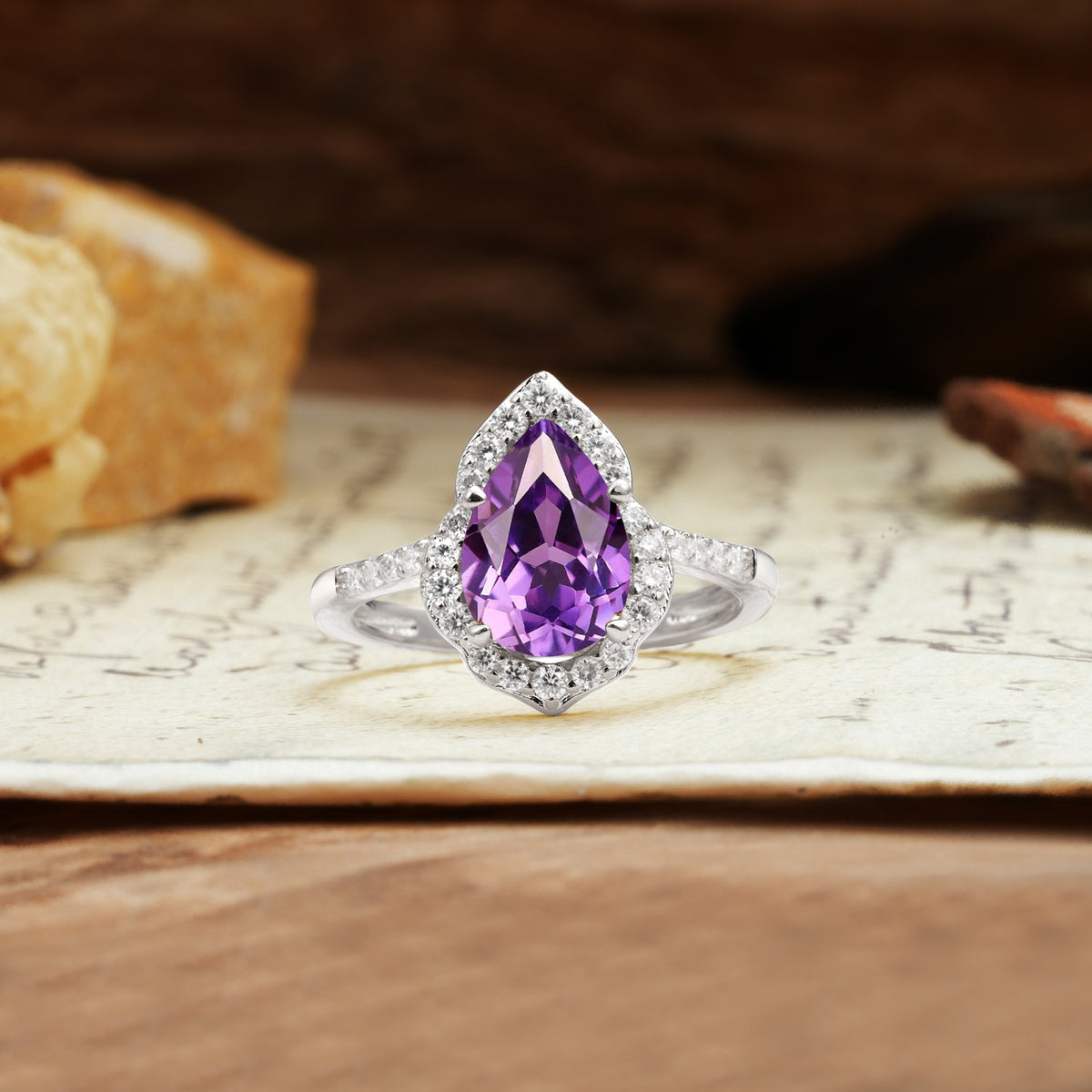 Unique, Luxurious, and Vintage 4-Prong Pear Cut Amethyst Engagement Ring - Additional view