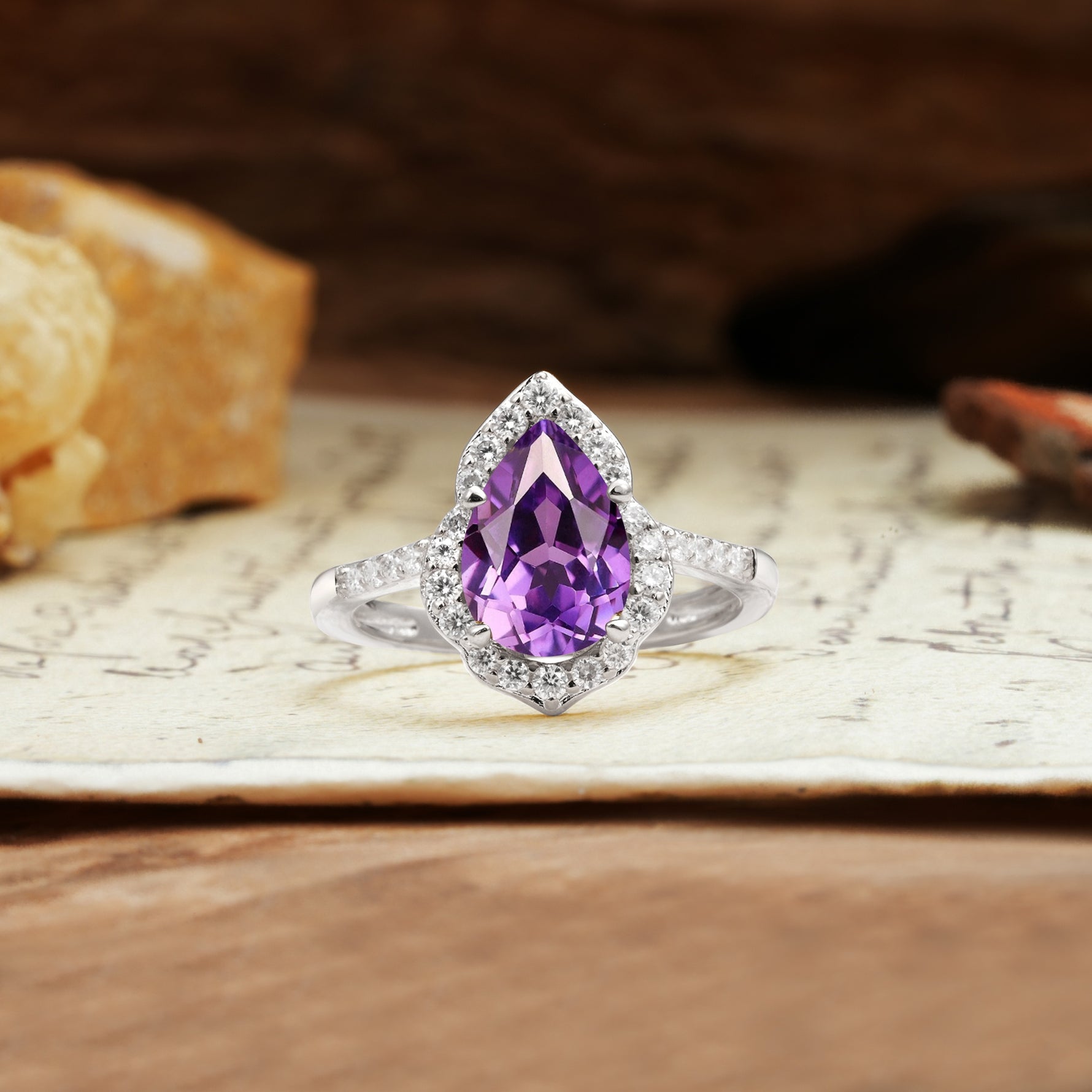 Unique, Luxurious, and Vintage 4-Prong Pear Cut Amethyst Engagement Ring - Additional view