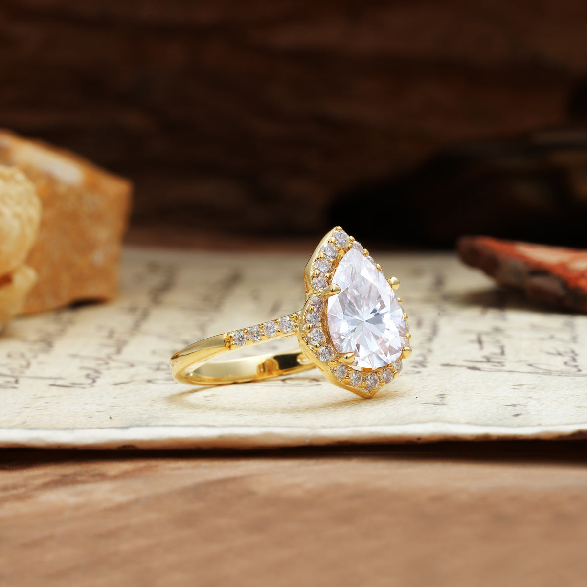 Unique, Luxurious, and Vintage 4-Prong Pear Cut Moissanite Engagement Ring - Additional view