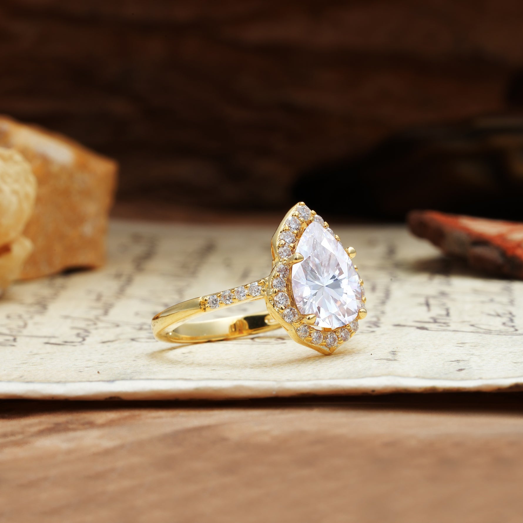 Unique, Luxurious, and Vintage 4-Prong Pear Cut Moissanite Engagement Ring - Additional view