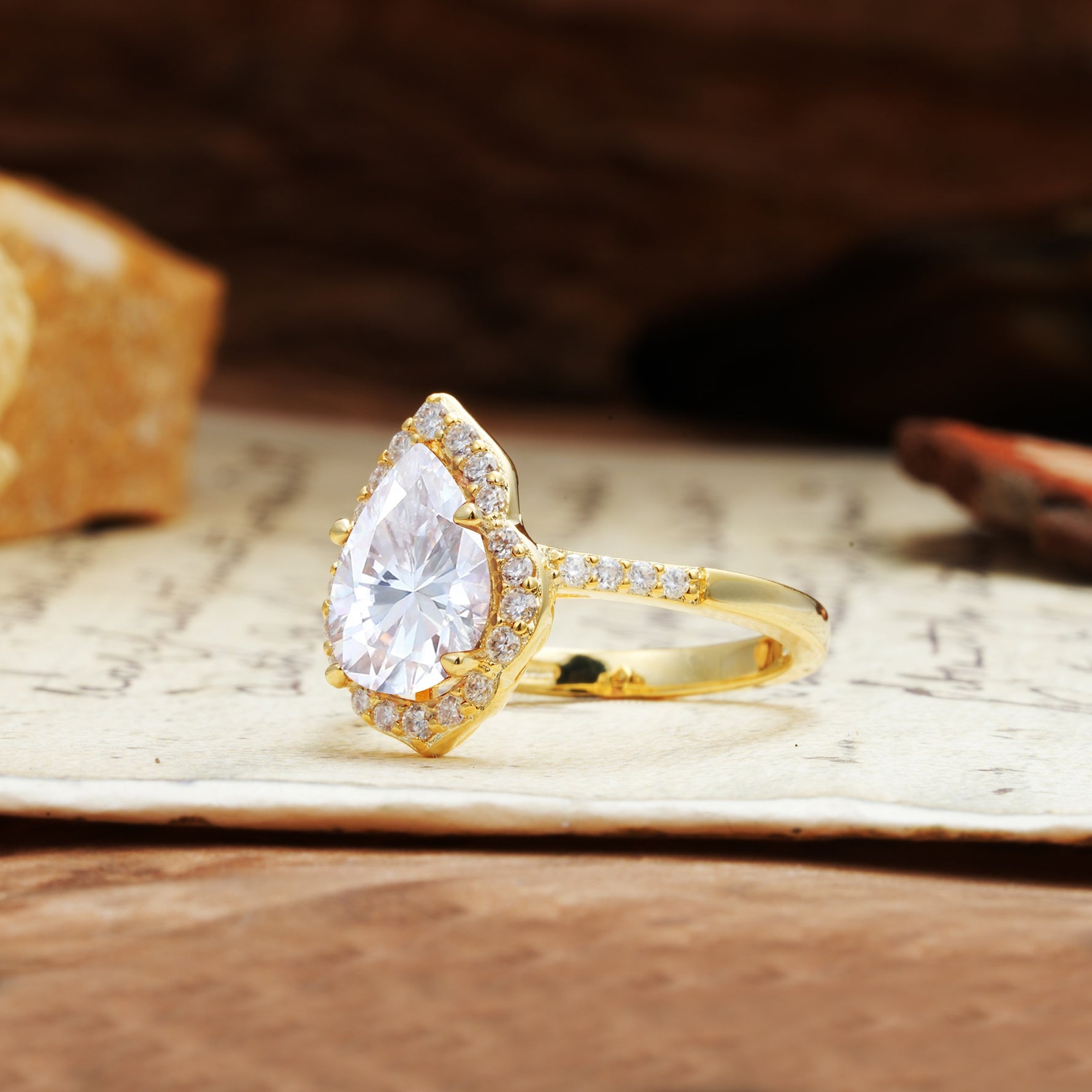 Unique, Luxurious, and Vintage 4-Prong Pear Cut Moissanite Engagement Ring - Additional view