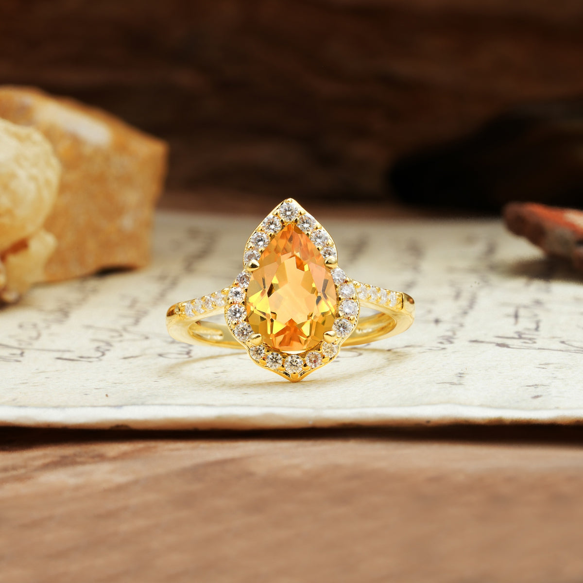 Unique, Luxurious, and Vintage 4-Prong Pear Cut Citrine Engagement Ring - Additional view