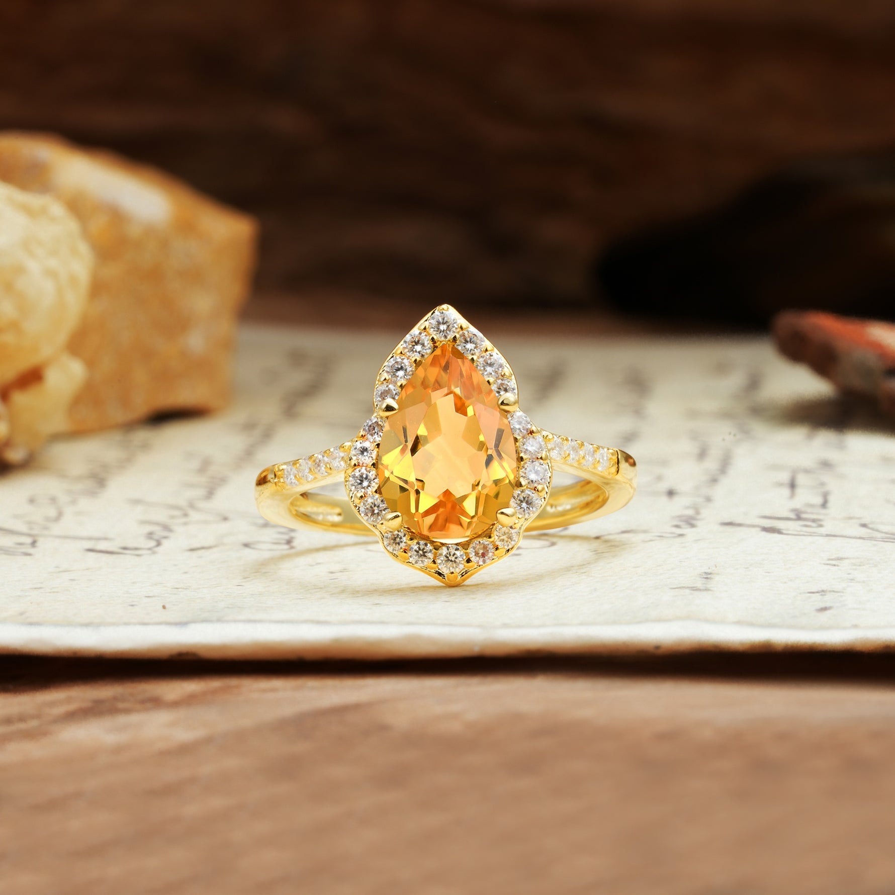 Unique, Luxurious, and Vintage 4-Prong Pear Cut Citrine Engagement Ring - Additional view