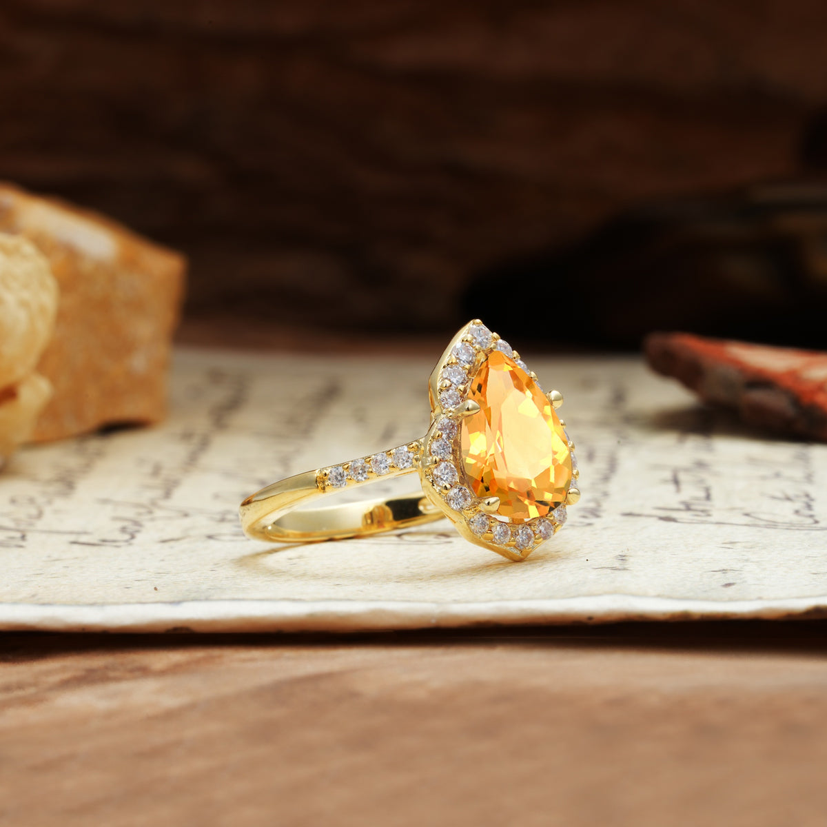 Unique, Luxurious, and Vintage 4-Prong Pear Cut Citrine Engagement Ring - Additional view