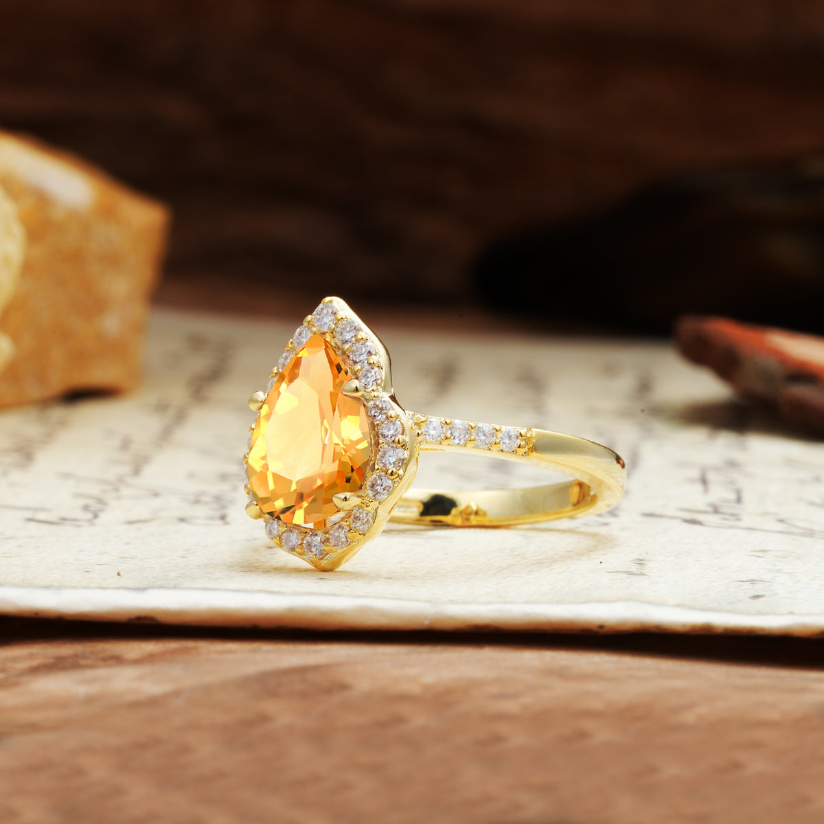 Unique, Luxurious, and Vintage 4-Prong Pear Cut Citrine Engagement Ring - Additional view