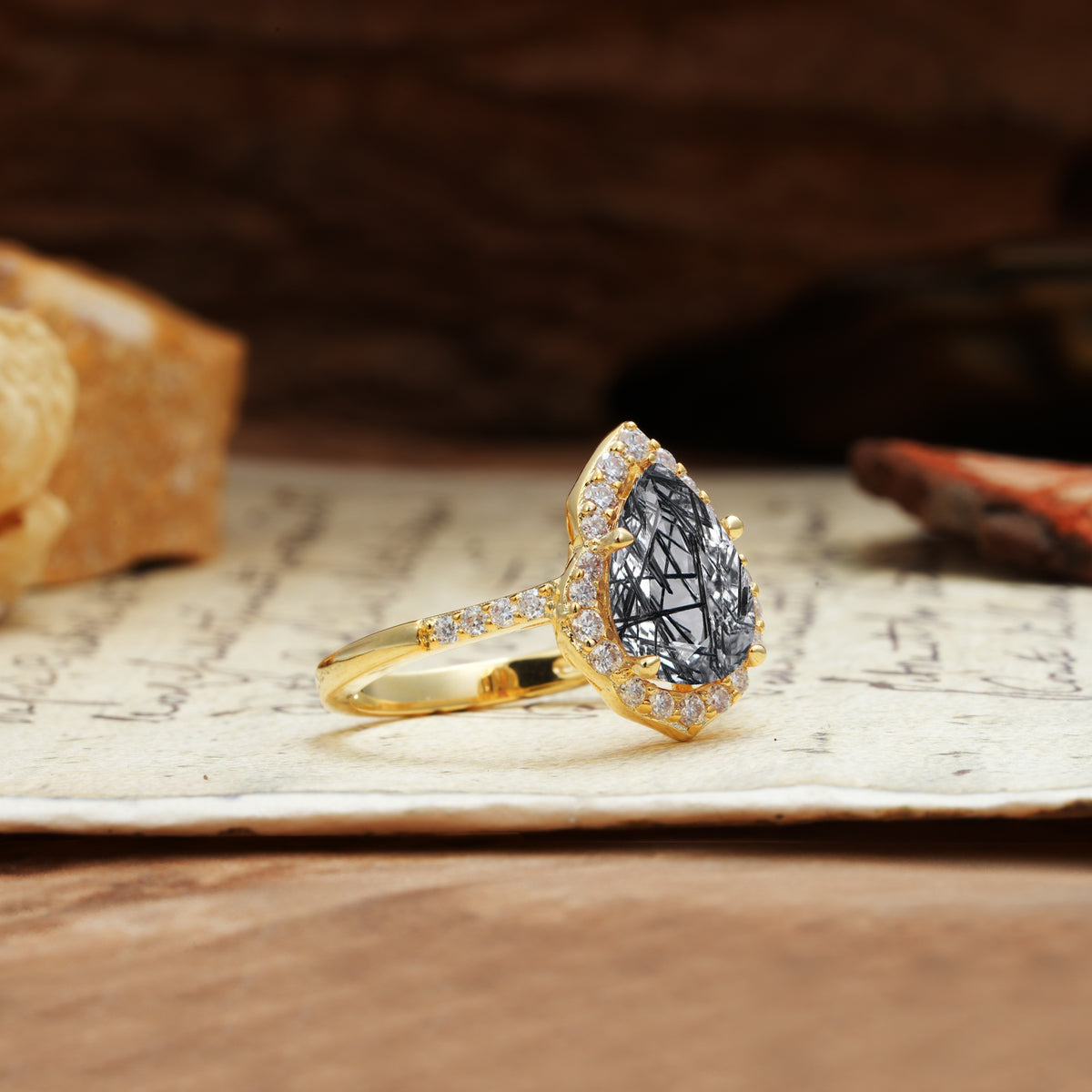 Unique, Luxurious, and Vintage 4-Prong Pear Cut Black Rutilated Quartz Engagement Ring - Additional view