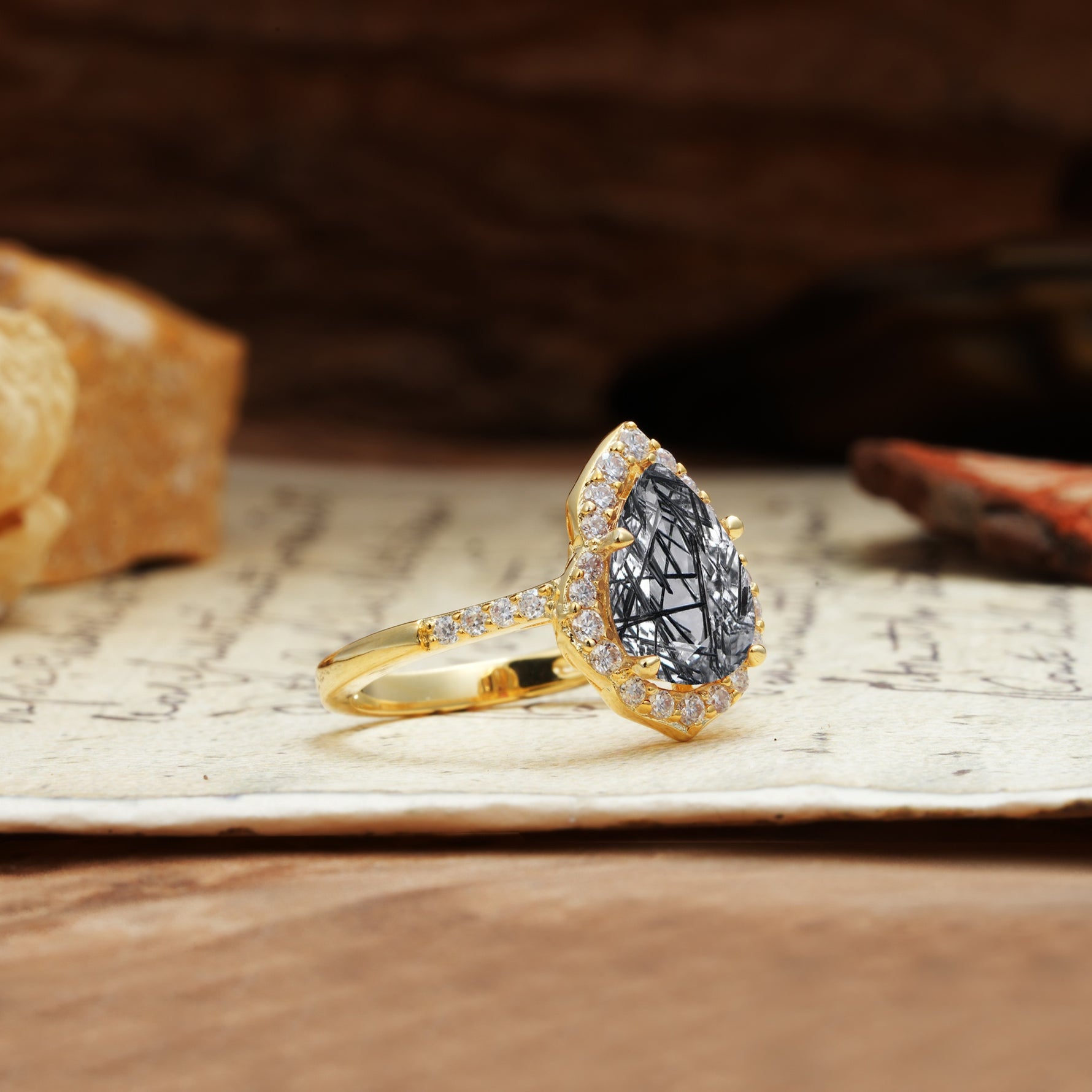 Unique, Luxurious, and Vintage 4-Prong Pear Cut Black Rutilated Quartz Engagement Ring - Additional view
