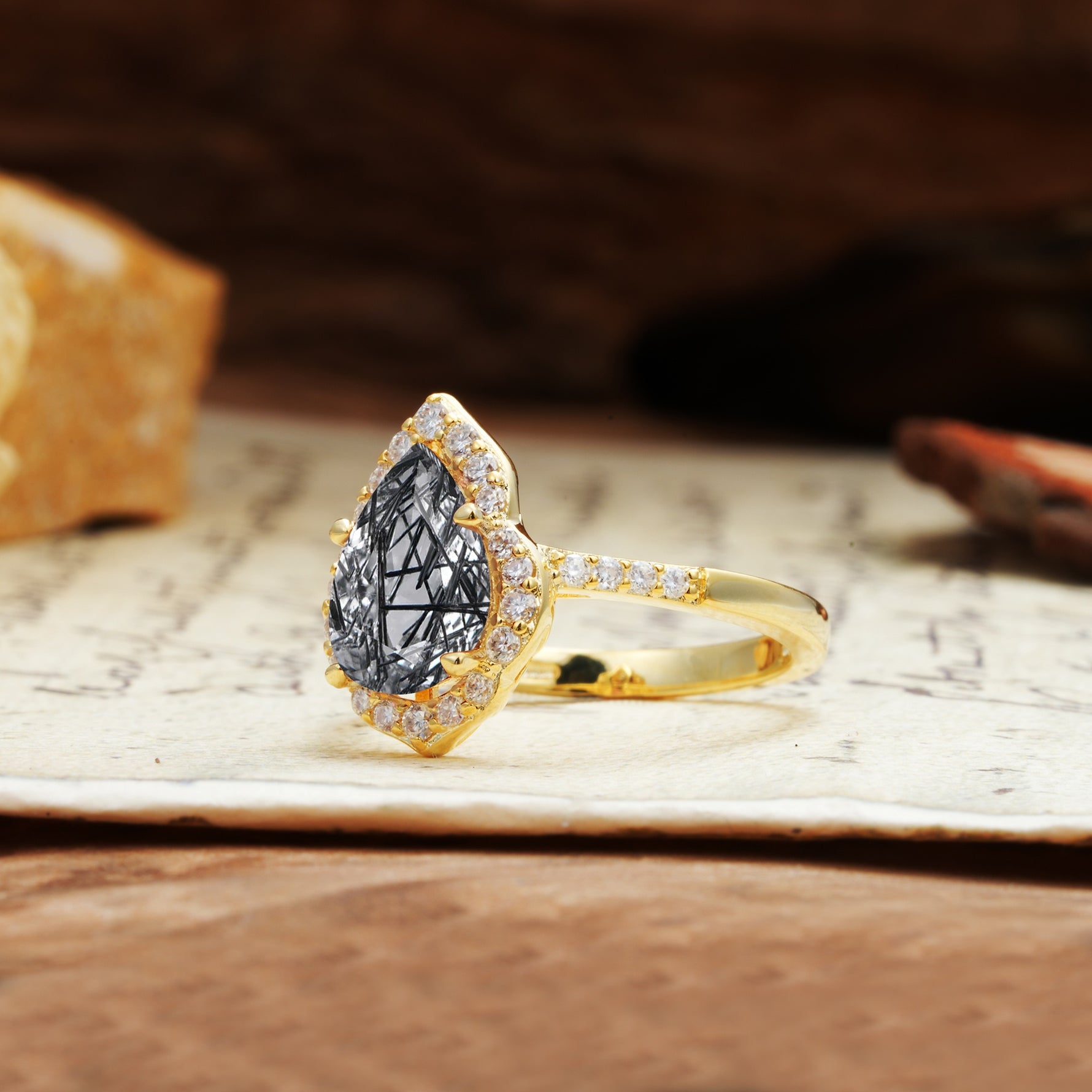 Unique, Luxurious, and Vintage 4-Prong Pear Cut Black Rutilated Quartz Engagement Ring - Additional view