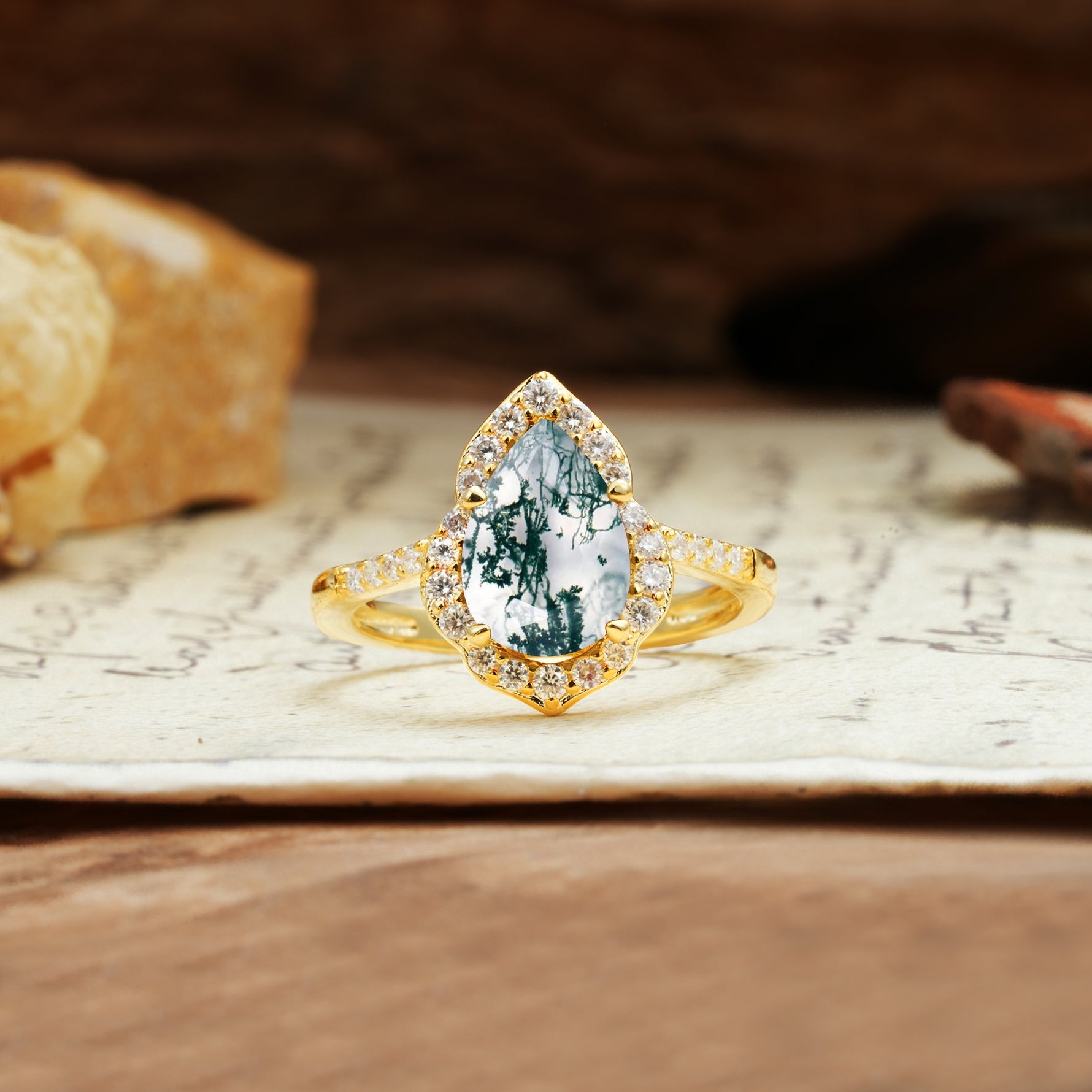 Unique, Luxurious, and Vintage 4-Prong Pear Cut Moss Agate Engagement Ring - Additional view