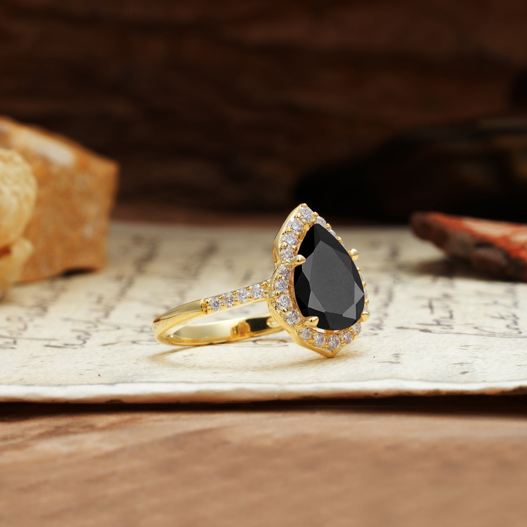 Unique, Luxurious, and Vintage 4-Prong Pear Cut Black Onyx Engagement Ring - Additional view