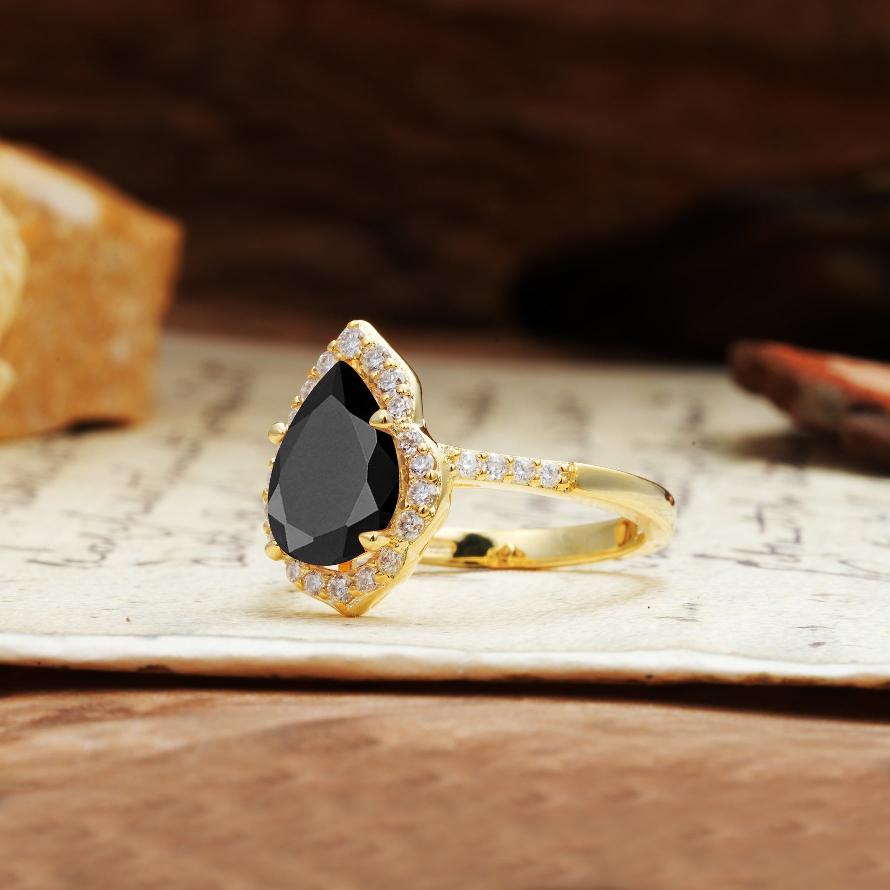 Unique, Luxurious, and Vintage 4-Prong Pear Cut Black Onyx Engagement Ring - Additional view