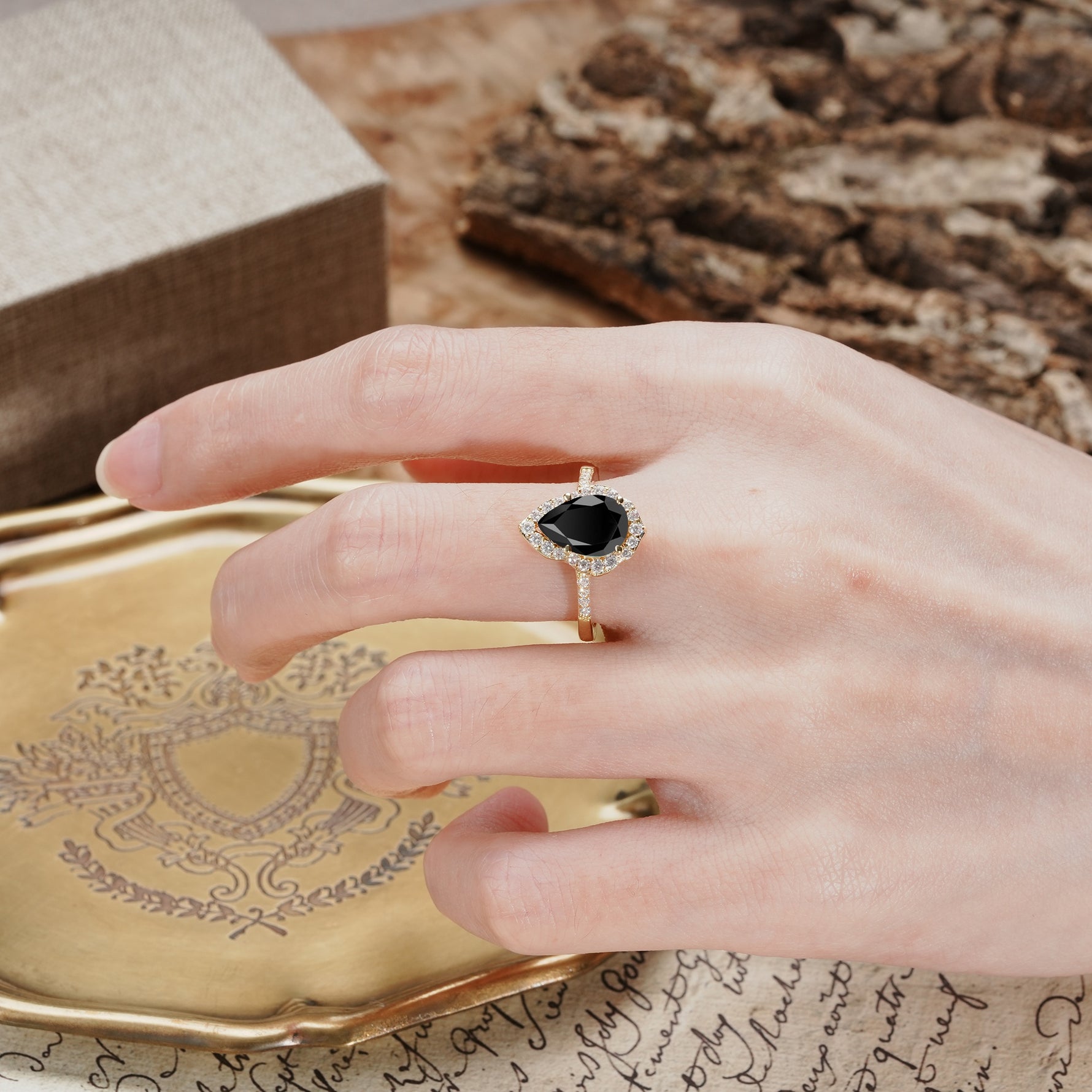 Unique, Luxurious, and Vintage 4-Prong Pear Cut Black Onyx Engagement Ring - Additional view