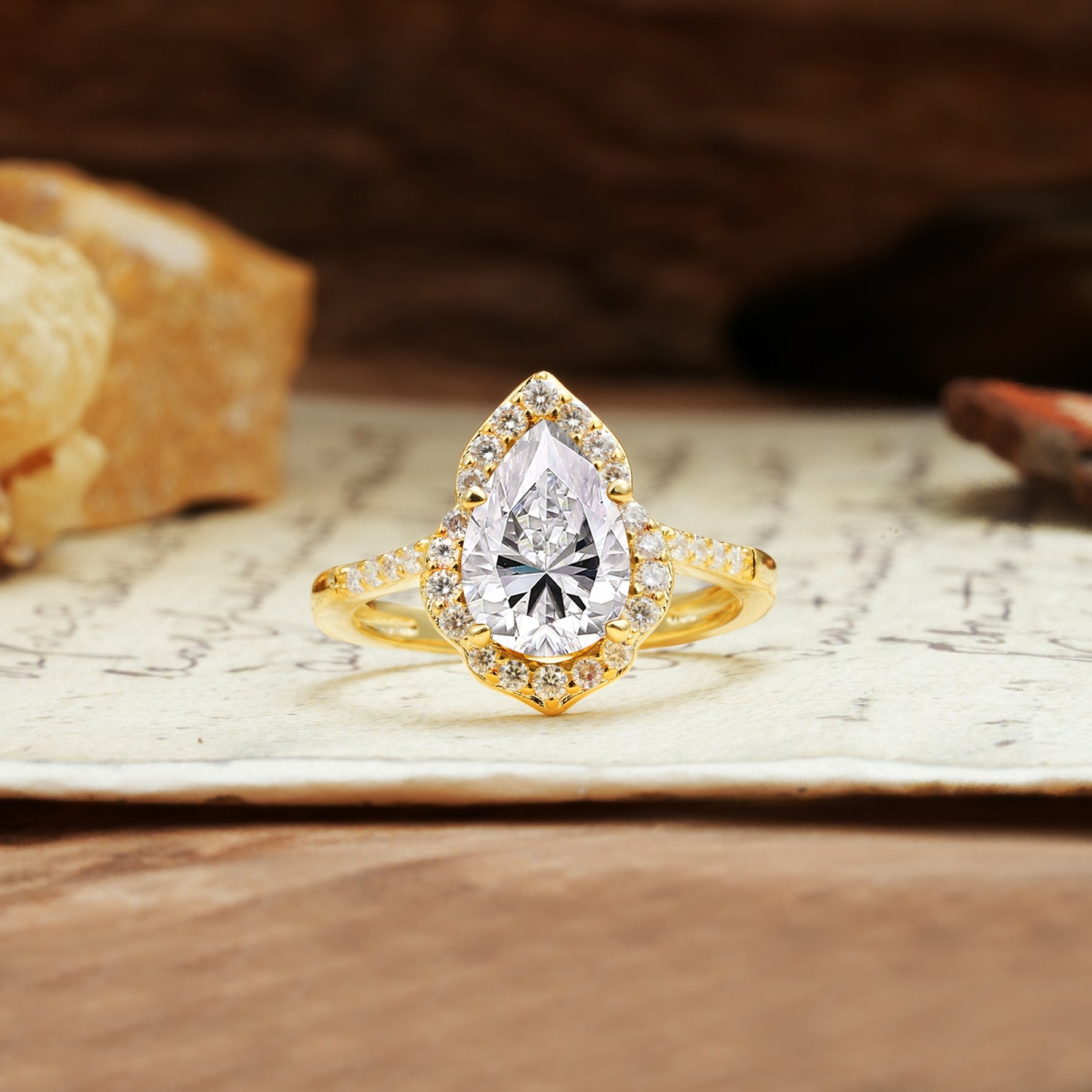 Unique, Luxurious, and Vintage 4-Prong Pear Cut Lab Diamond Engagement Ring - Additional view