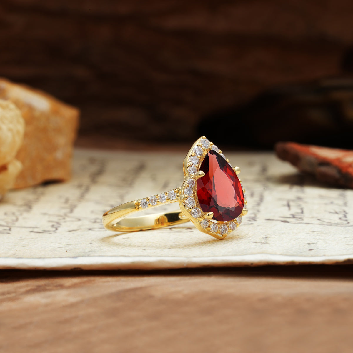 Unique, Luxurious, and Vintage 4-Prong Pear Cut Garnet Engagement Ring - Additional view