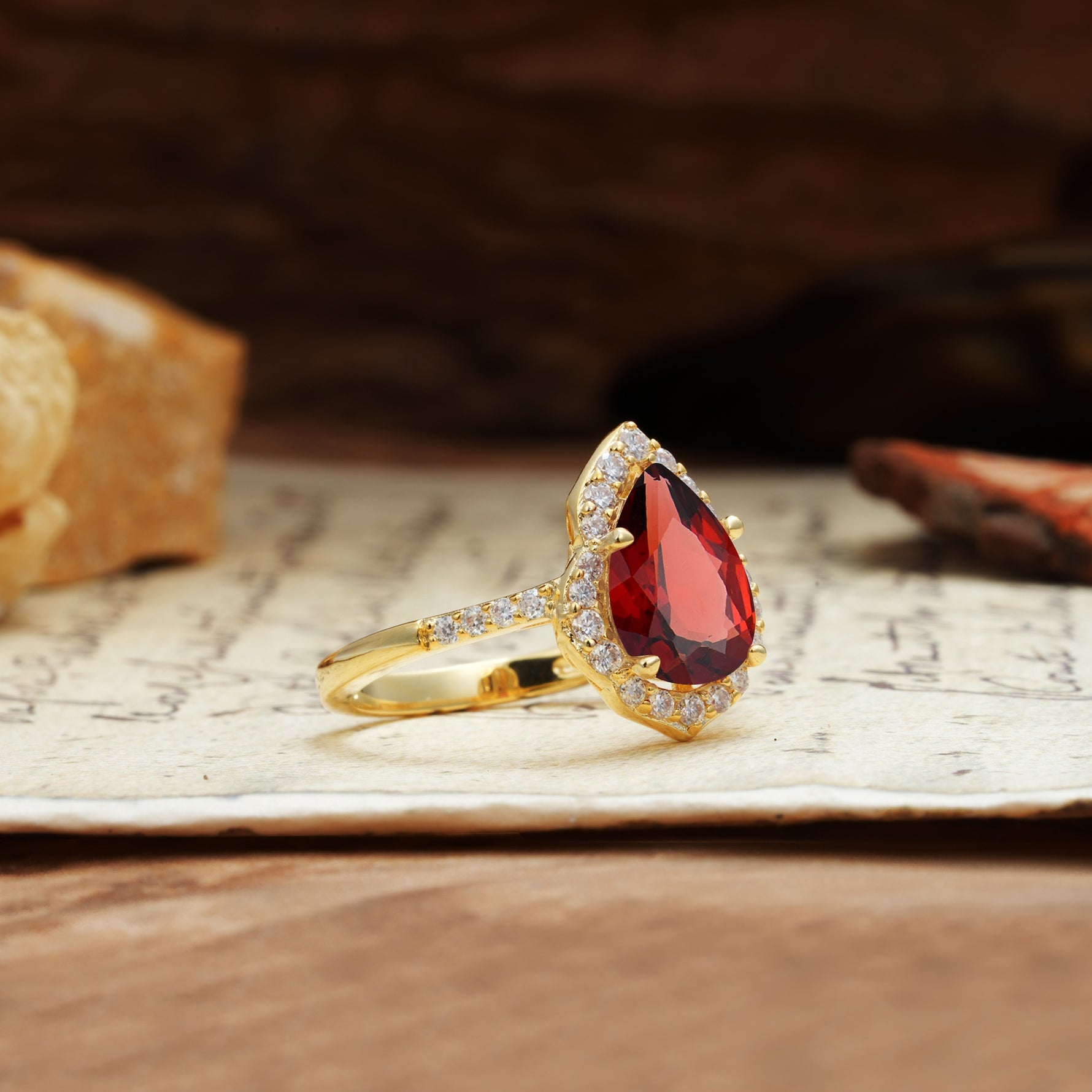 Unique, Luxurious, and Vintage 4-Prong Pear Cut Garnet Engagement Ring - Additional view
