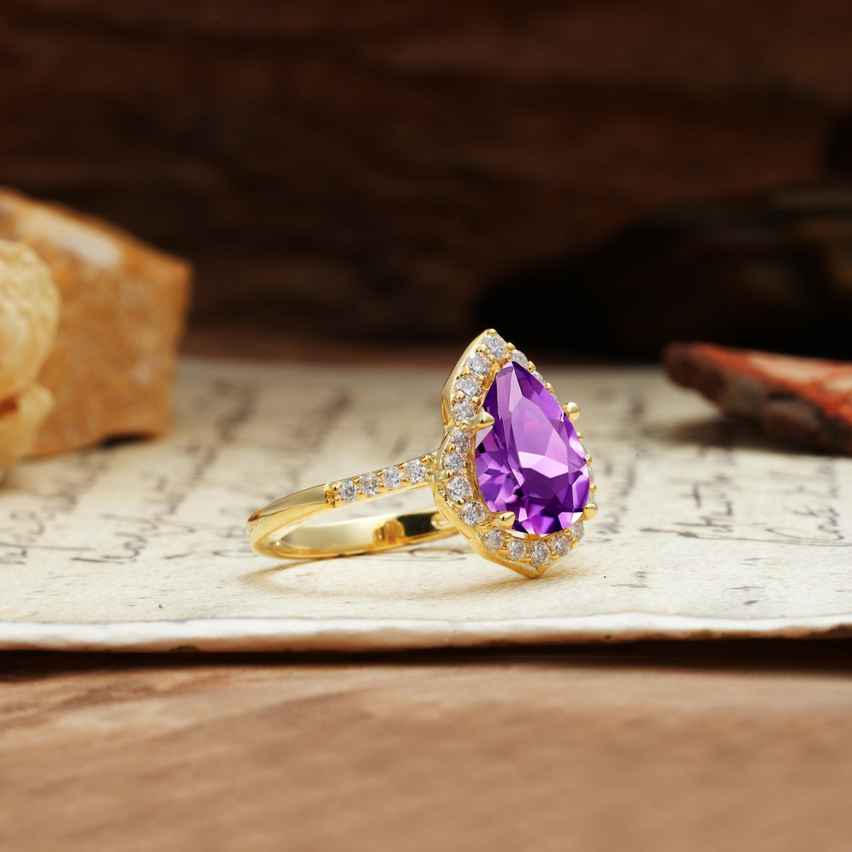 Unique, Luxurious, and Vintage 4-Prong Pear Cut Amethyst Engagement Ring - Additional view