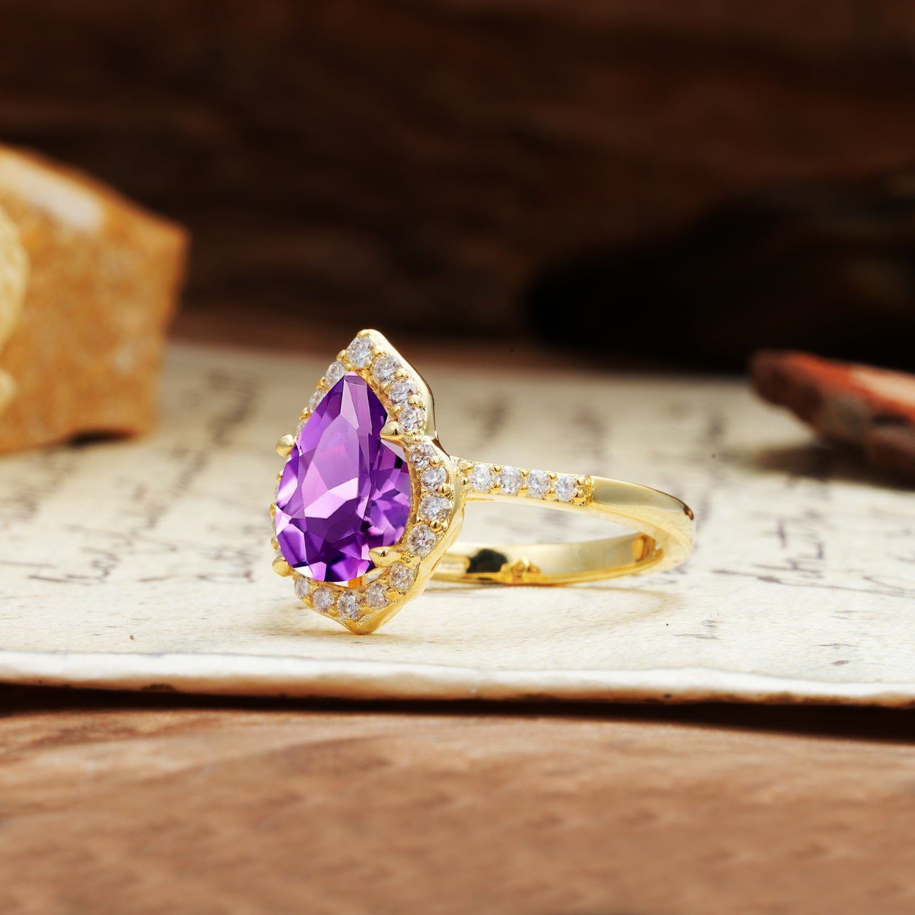 Unique, Luxurious, and Vintage 4-Prong Pear Cut Amethyst Engagement Ring - Additional view