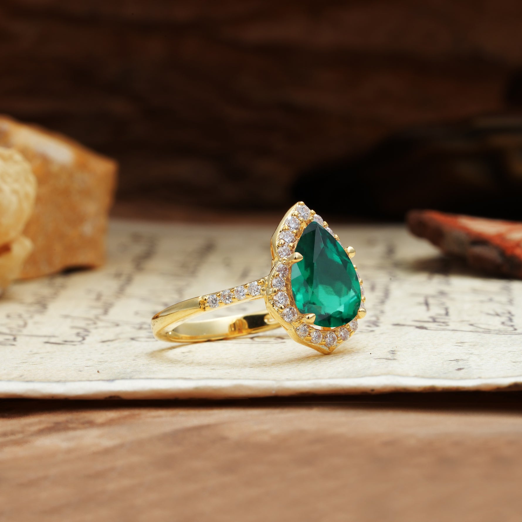 Unique, Luxurious, and Vintage 4-Prong Pear Cut Emerald Engagement Ring - Additional view