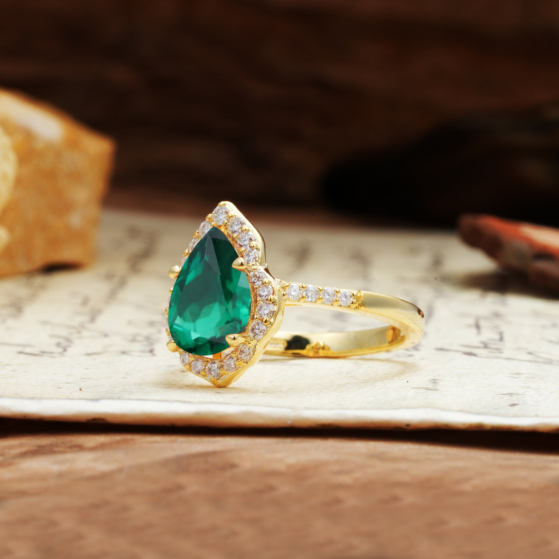 Unique, Luxurious, and Vintage 4-Prong Pear Cut Emerald Engagement Ring - Additional view