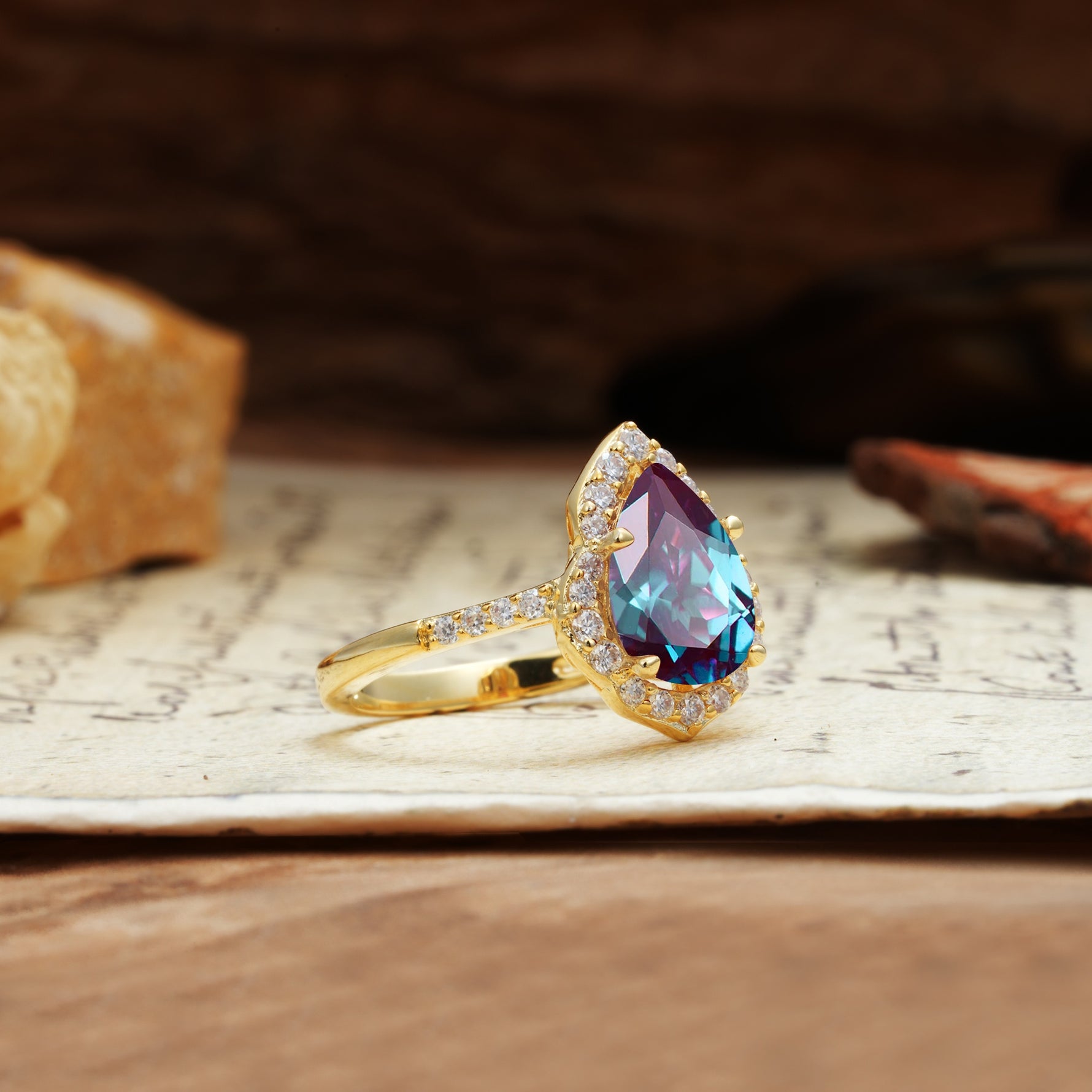Unique, Luxurious, and Vintage 4-Prong Pear Cut Alexandrite Engagement Ring - Additional view