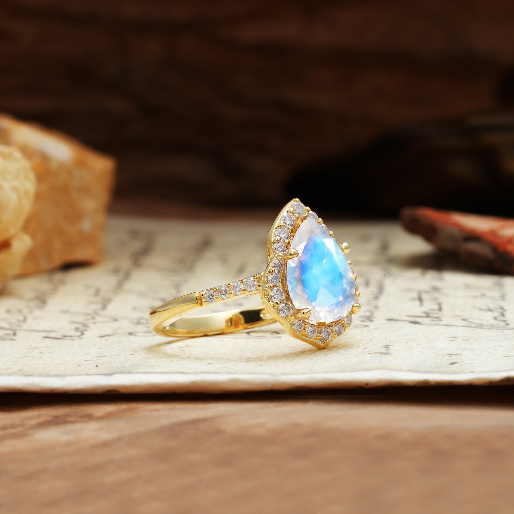 Unique, Luxurious, and Vintage 4-Prong Pear Cut Moonstone Engagement Ring - Additional view