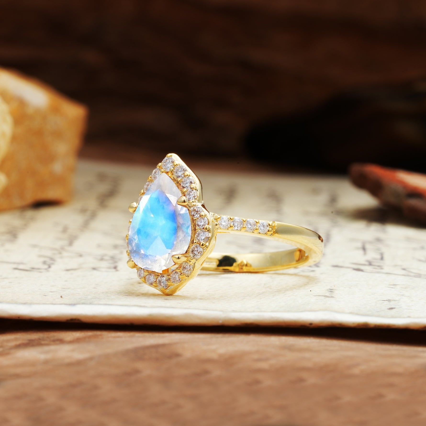 Unique, Luxurious, and Vintage 4-Prong Pear Cut Moonstone Engagement Ring - Additional view