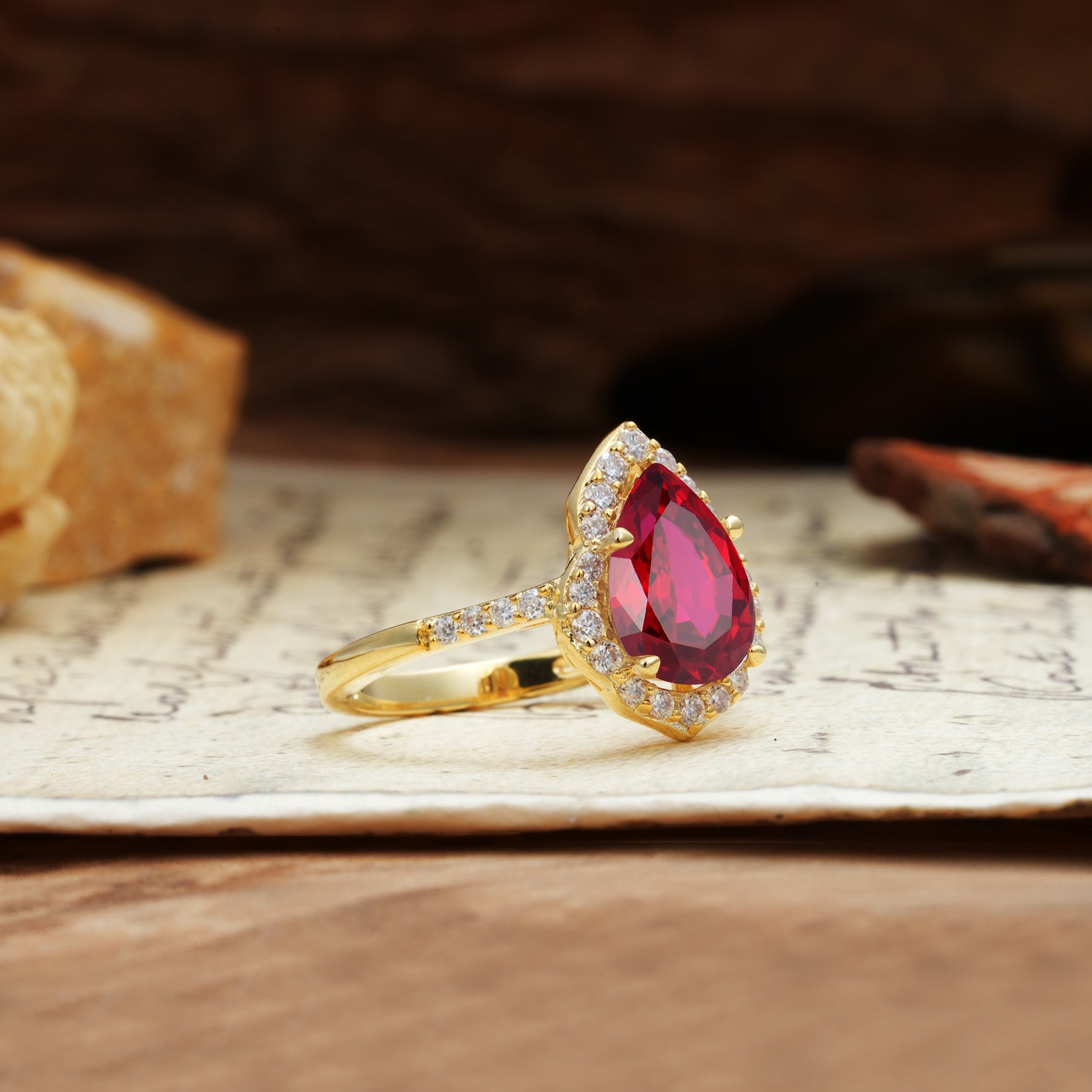 Unique, Luxurious, and Vintage 4-Prong Pear Cut Ruby Engagement Ring - Additional view